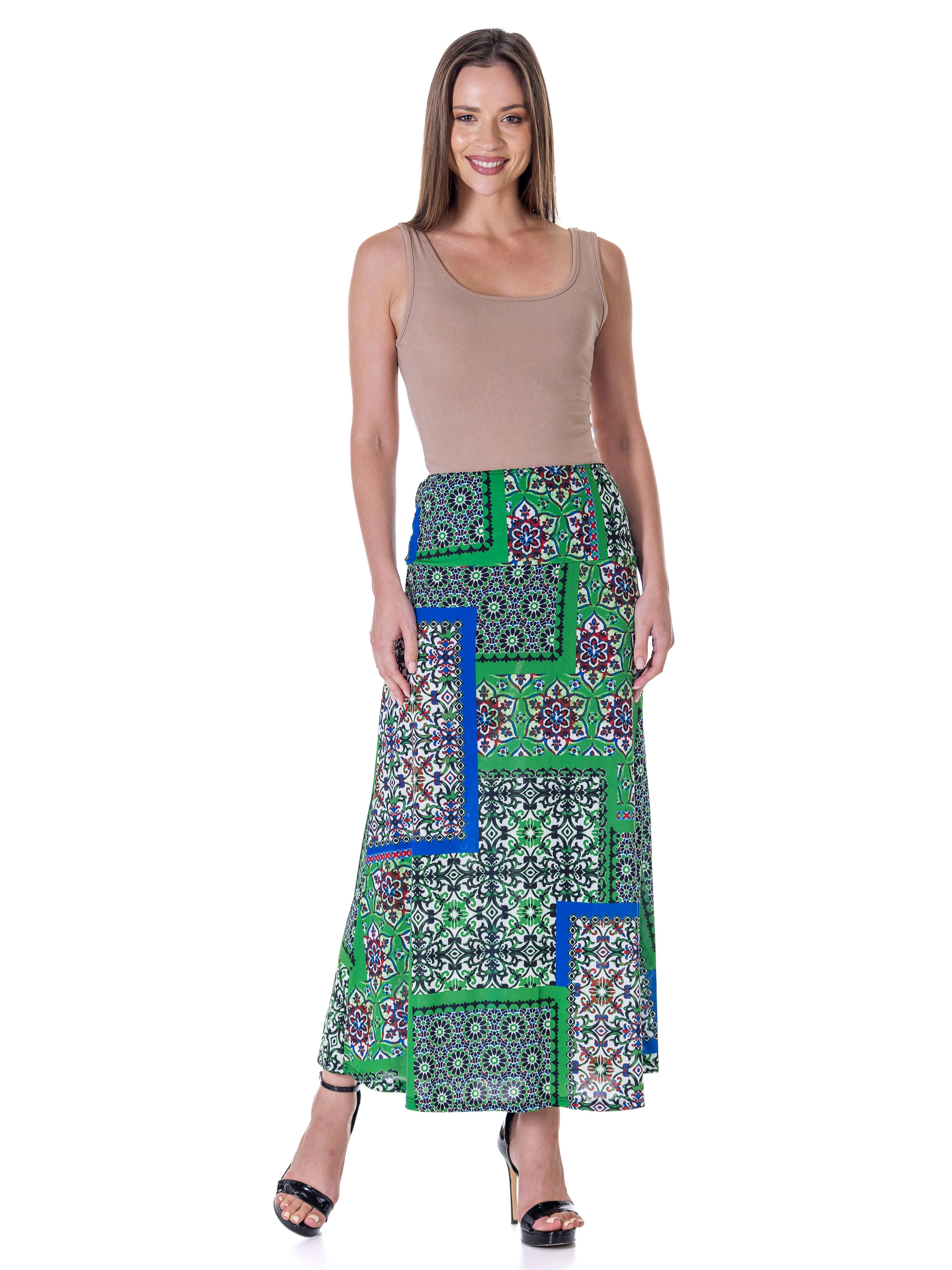 Green Scarf Print Elastic Waist Ankle Length Comfortable Maxi Skirt