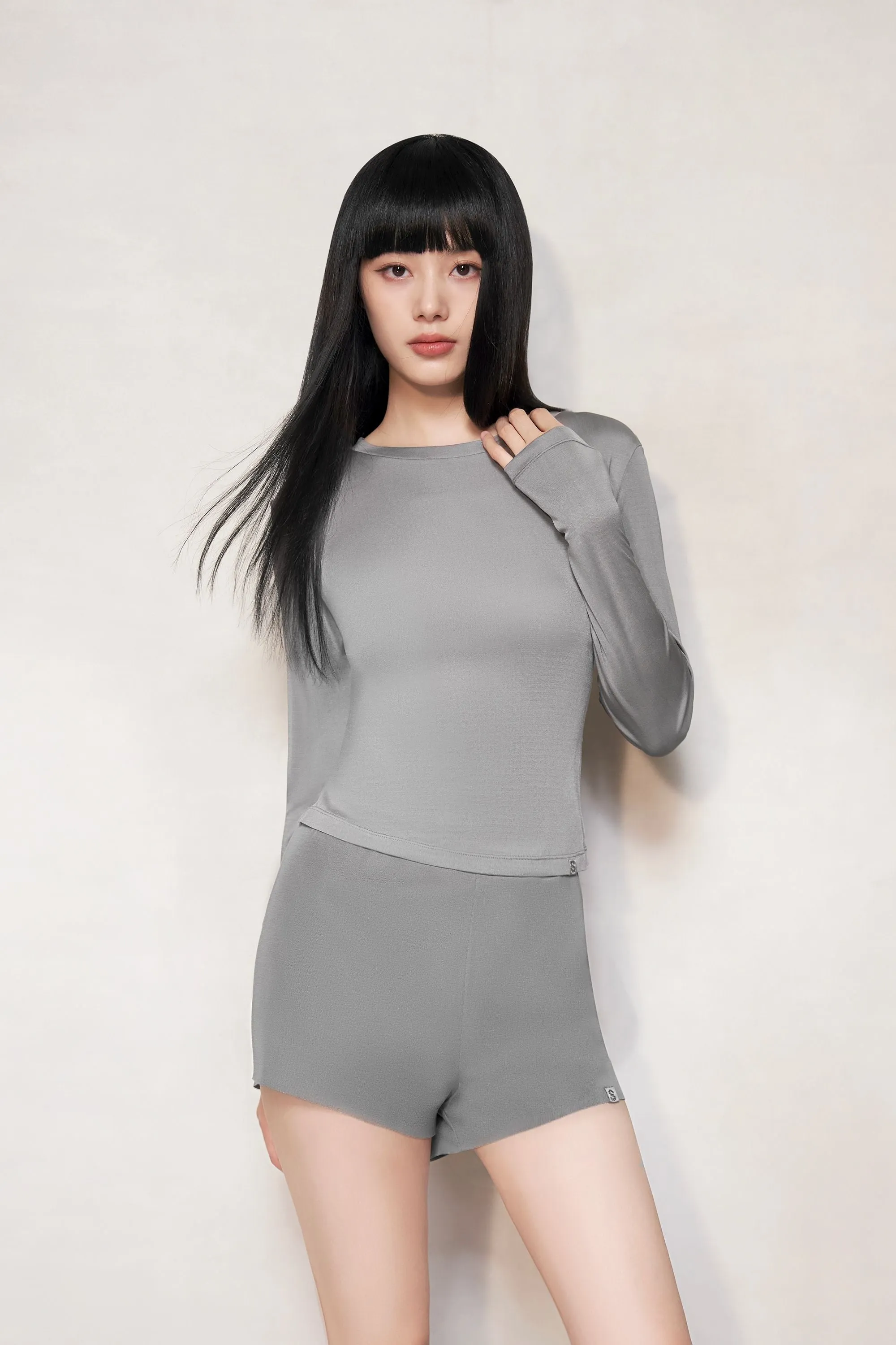 Grey Silk Fitted Long Sleeve Top