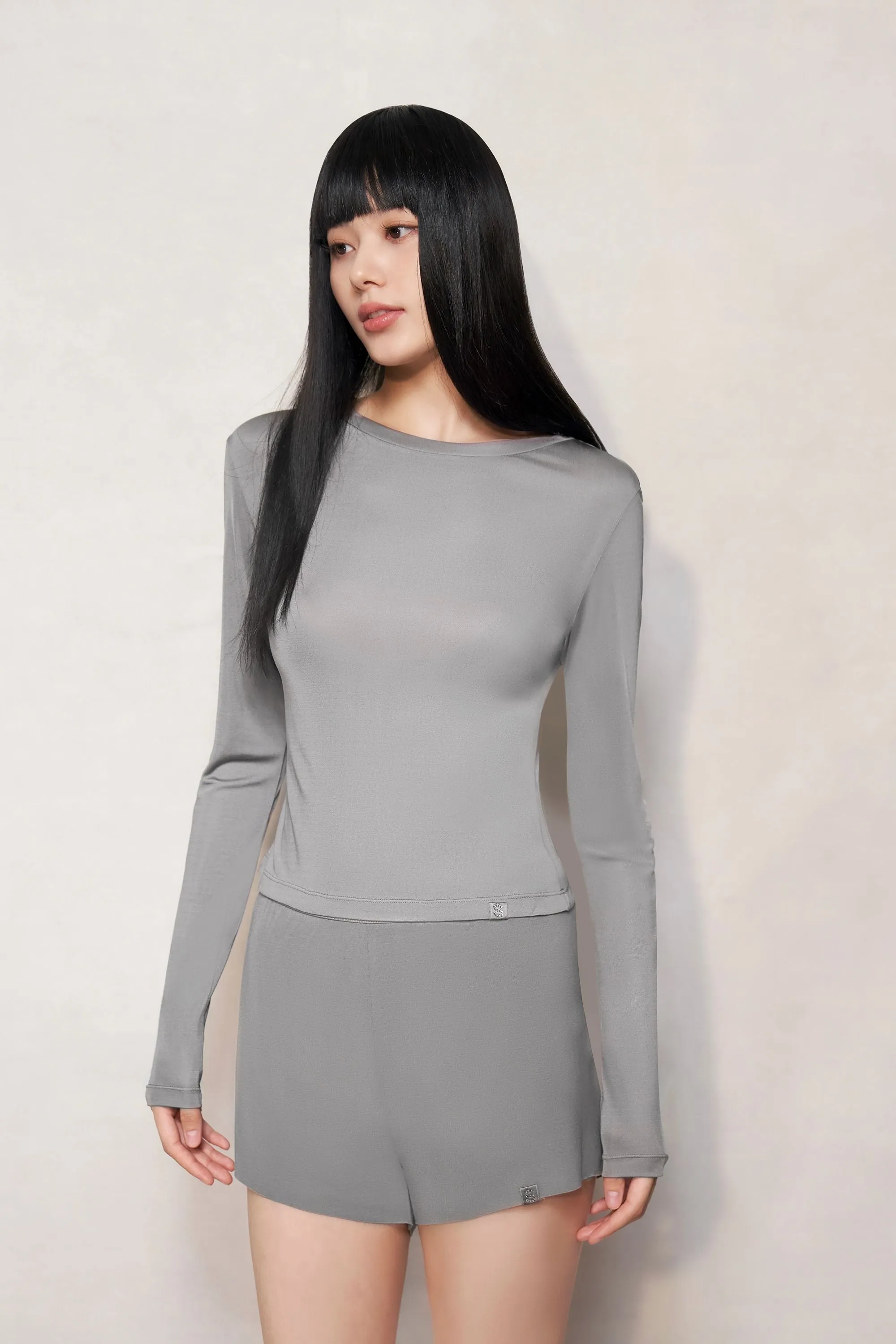 Grey Silk Fitted Long Sleeve Top