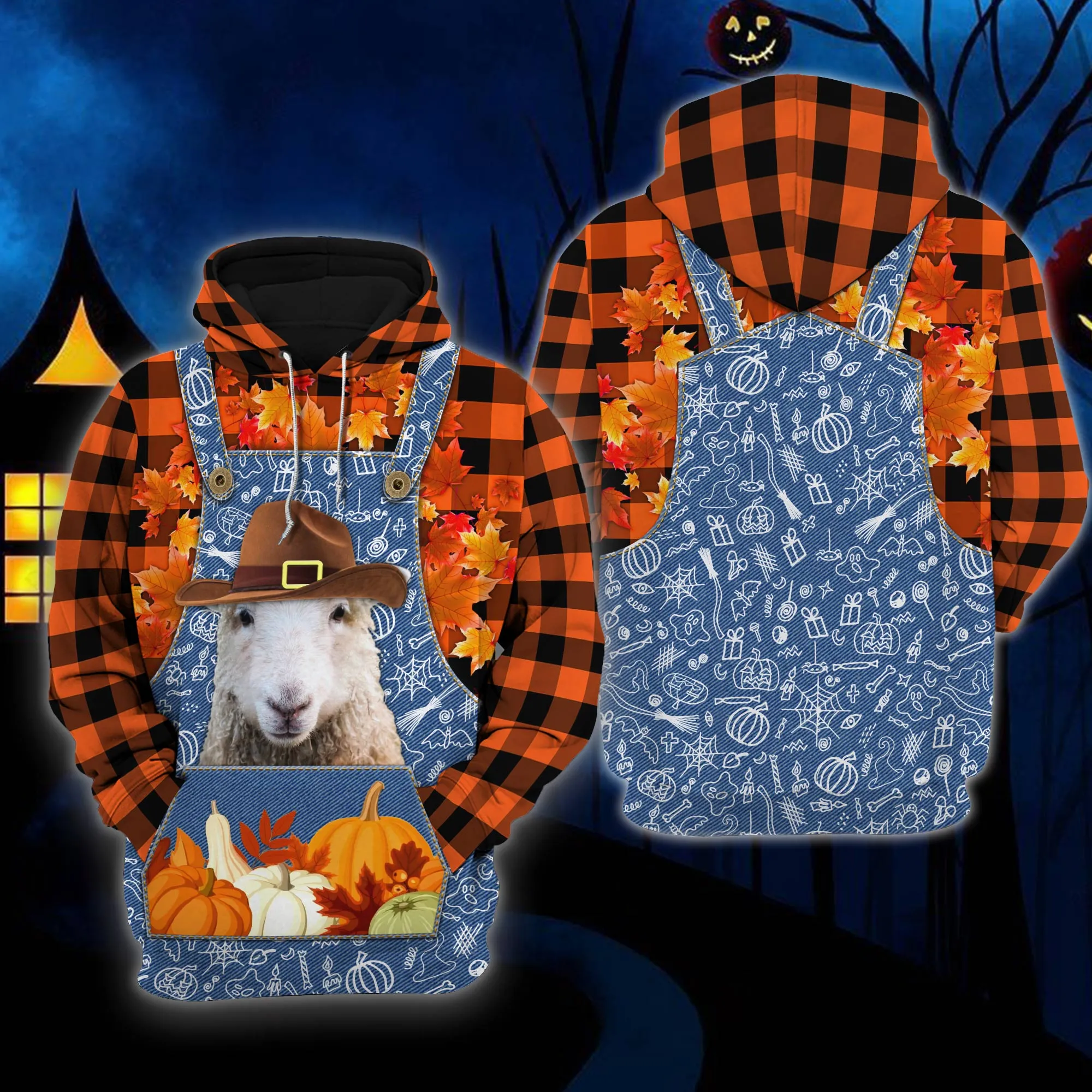 Halloween Sheep Hoodies, Happy Halloween Sheep Orange Plaid 3D Unisex Hoodie