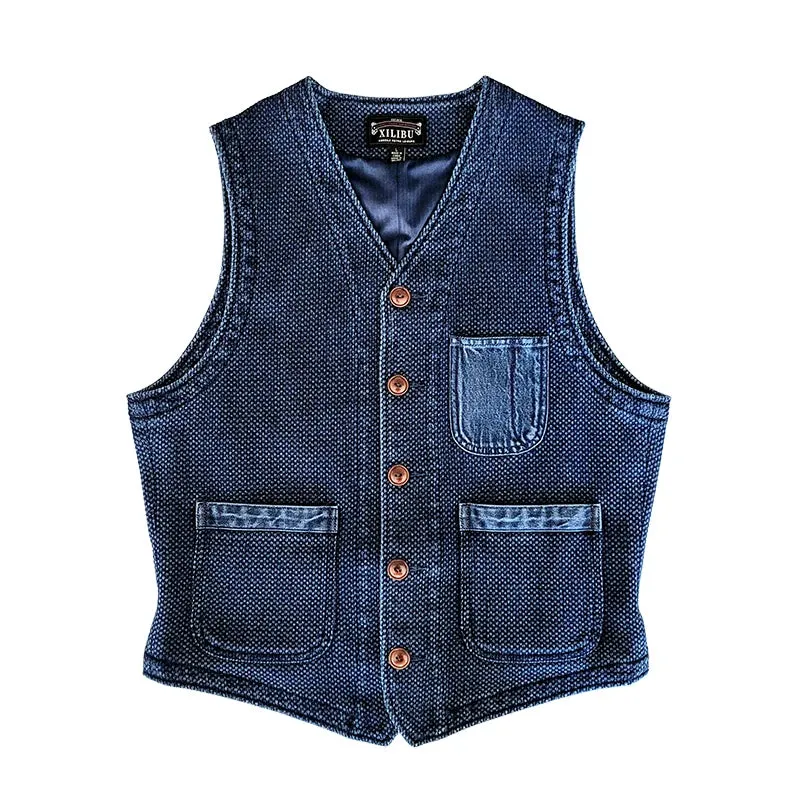 Indigo Blue Slim Fit Sashiko Safari Style Vintage Waistcoat