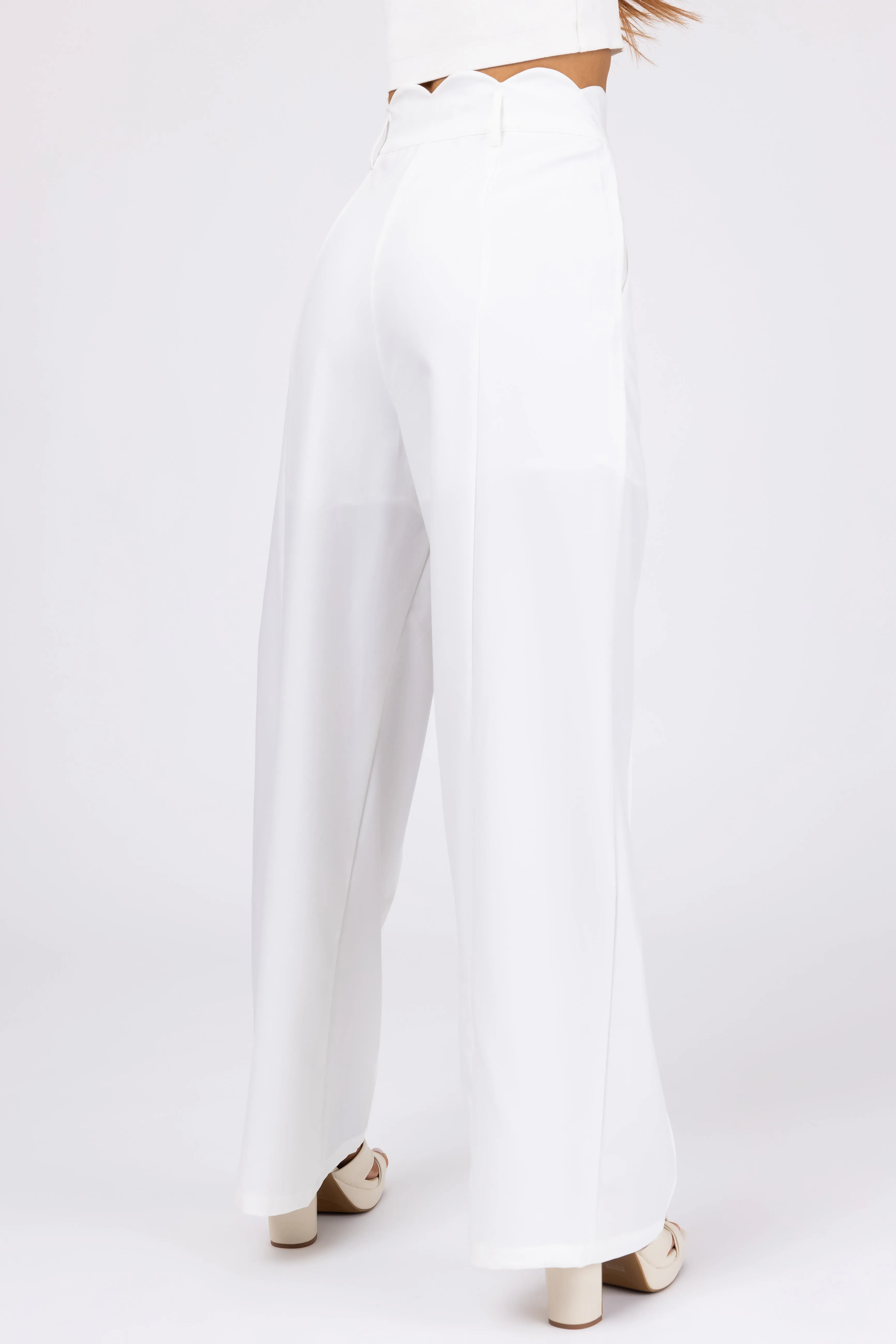 Ivory Scallop Waist Straight Leg Pants