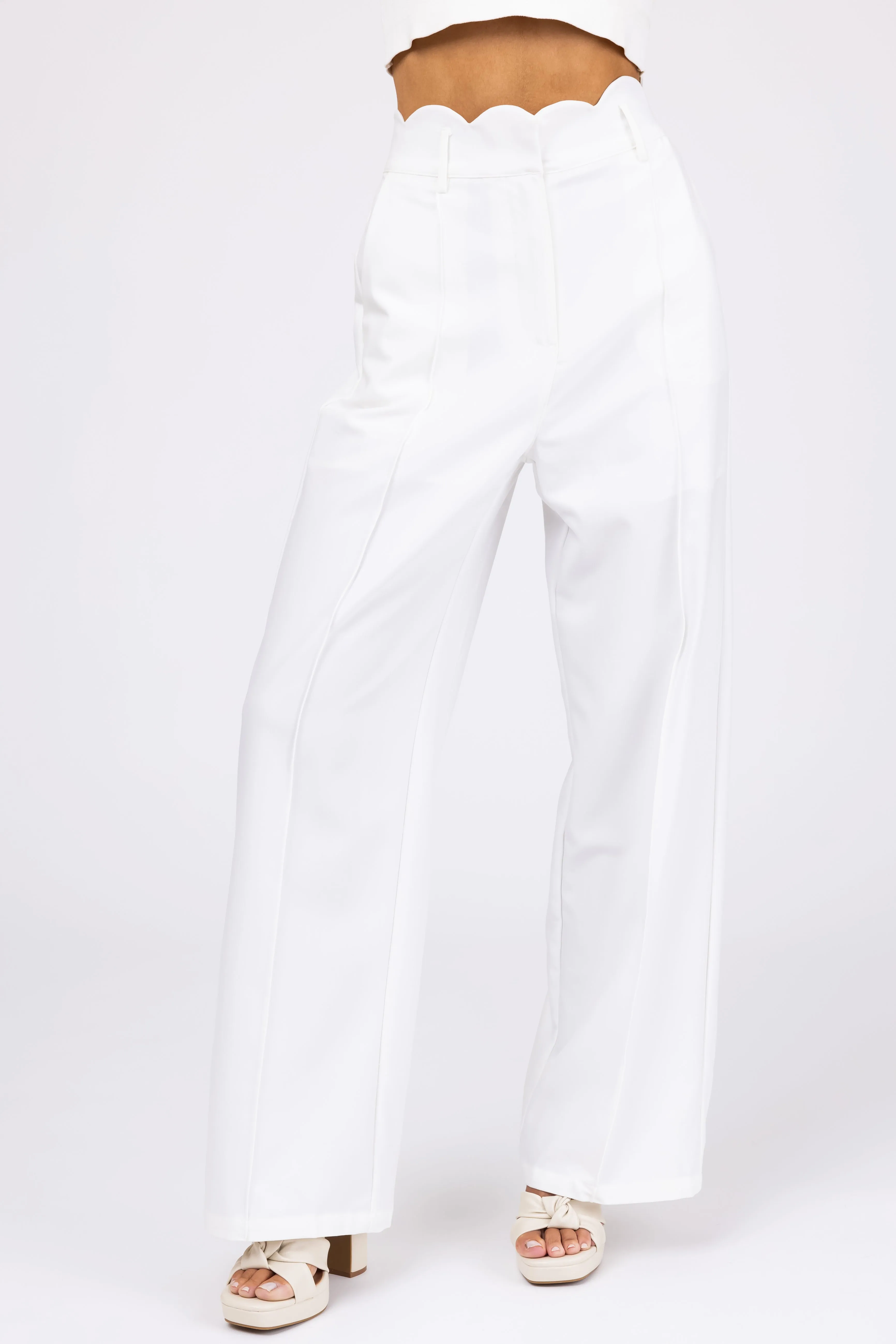 Ivory Scallop Waist Straight Leg Pants