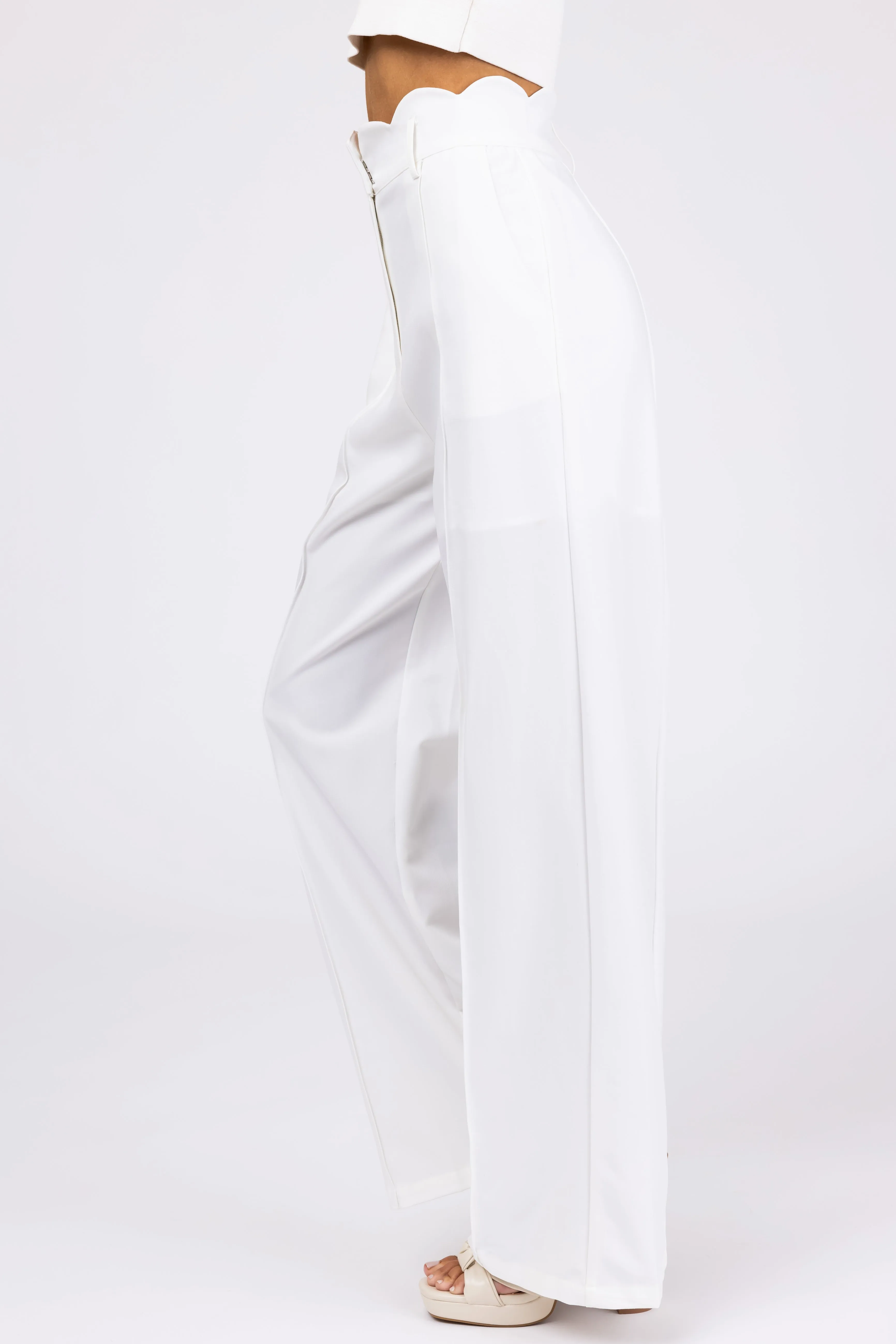 Ivory Scallop Waist Straight Leg Pants