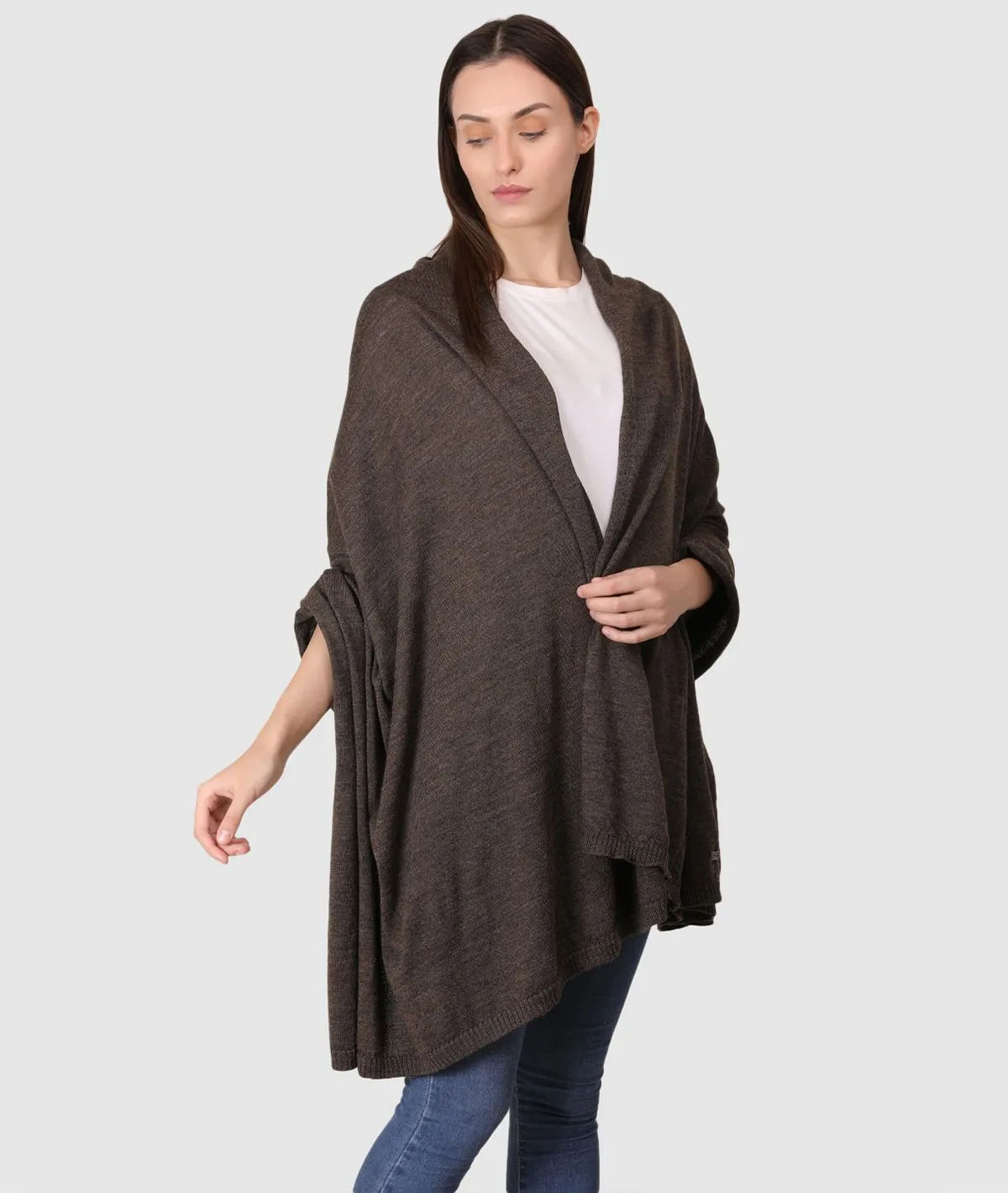 Jersey Knit 100% Merino Wool Shawl (Dark Brown Melange)