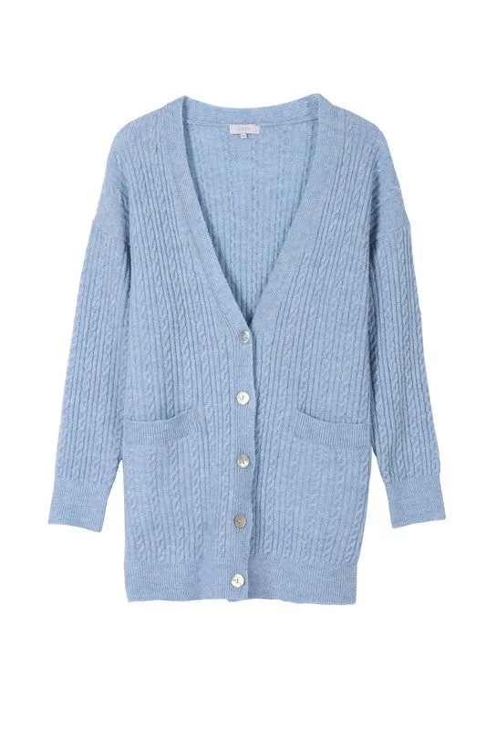 Light Blue Wool Blended Cable Knit Cardigan