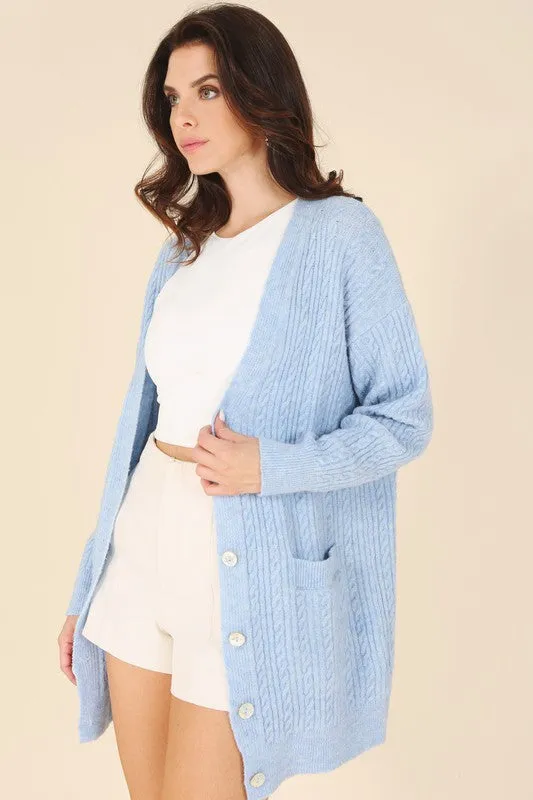 Light Blue Wool Blended Cable Knit Cardigan