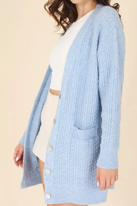 Light Blue Wool Blended Cable Knit Cardigan