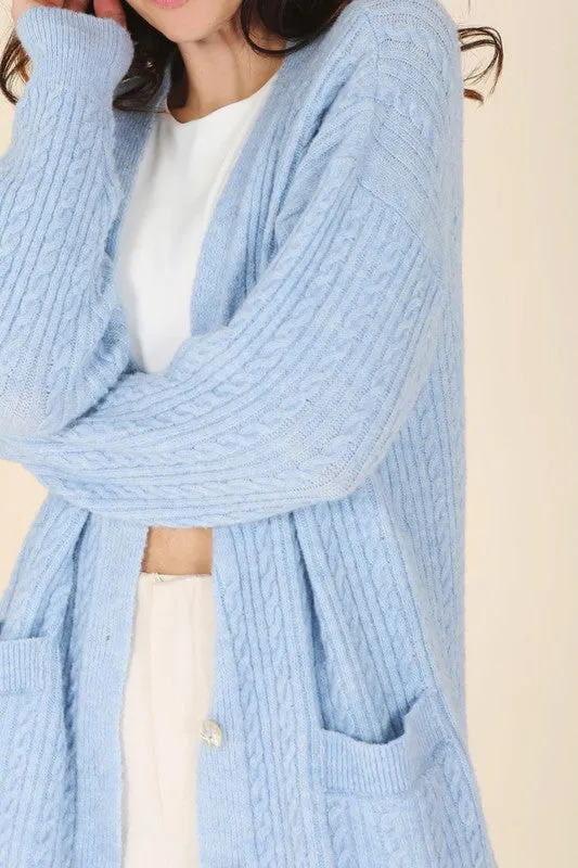 Light Blue Wool Blended Cable Knit Cardigan