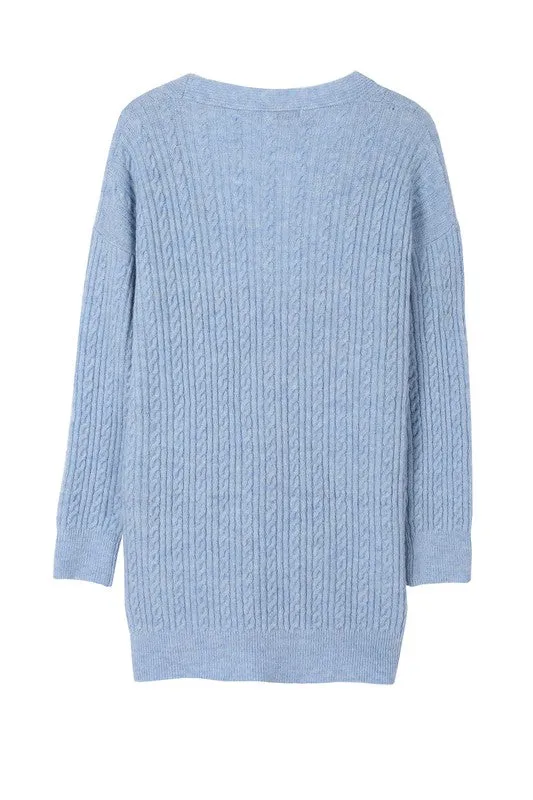 Light Blue Wool Blended Cable Knit Cardigan