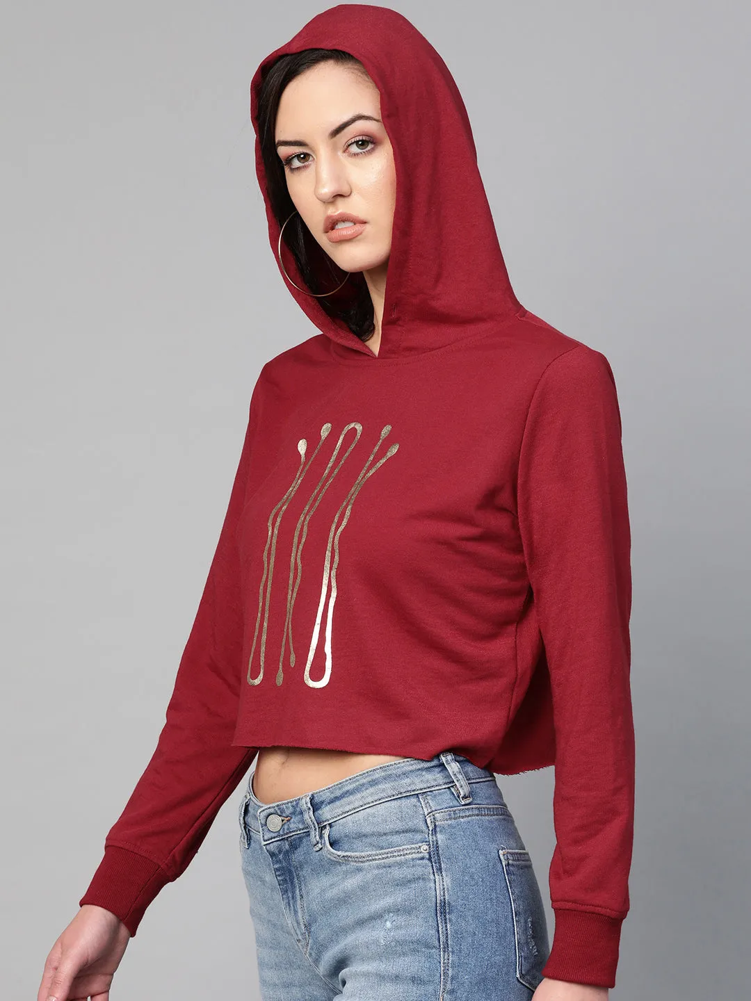 Maroon Hair Pin Print Crop Hoodie