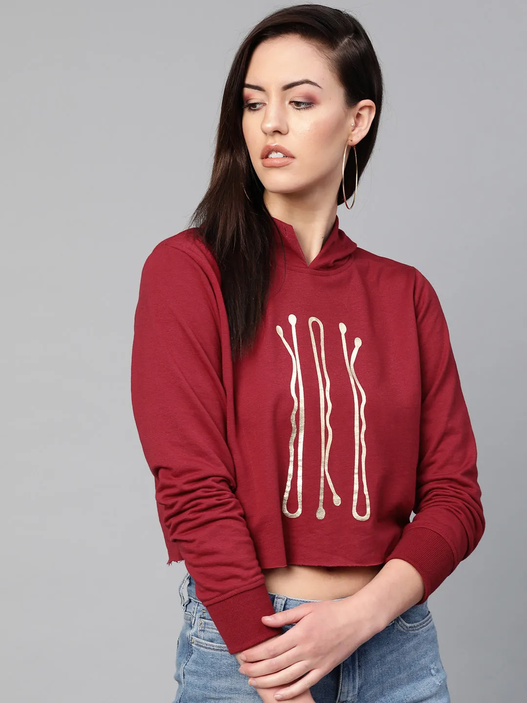 Maroon Hair Pin Print Crop Hoodie