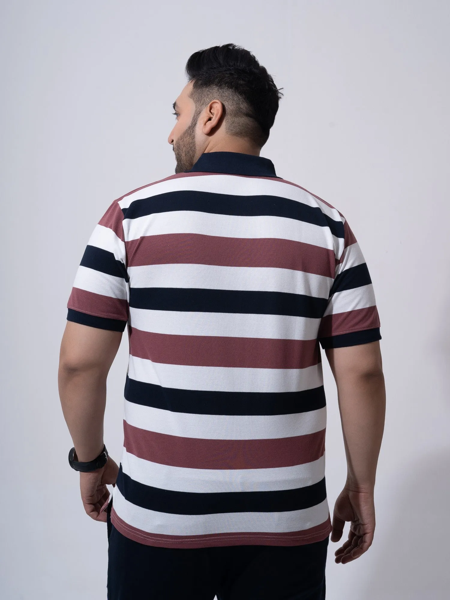 Maroon White Navy Striped Polo T-shirt