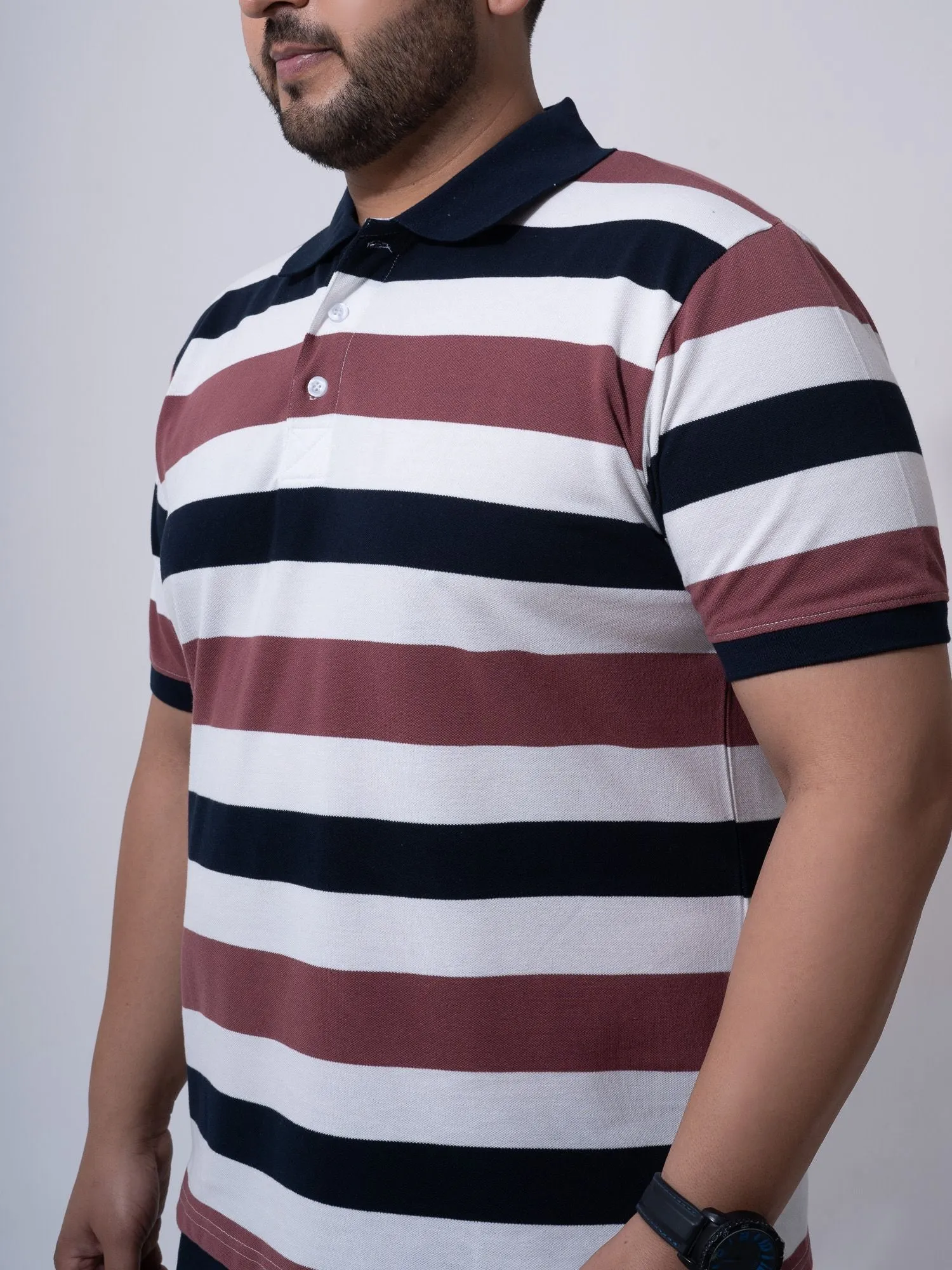 Maroon White Navy Striped Polo T-shirt