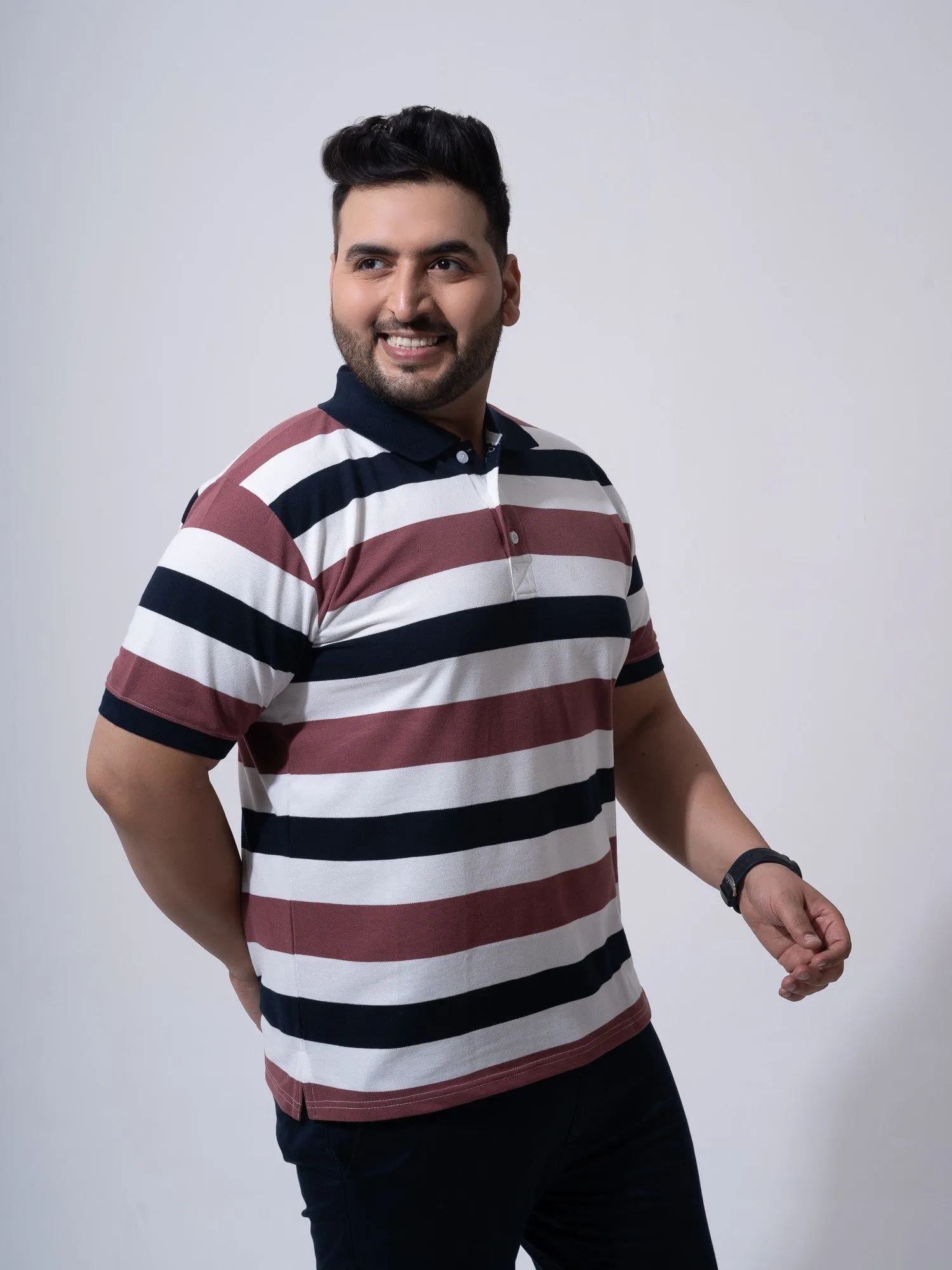 Maroon White Navy Striped Polo T-shirt