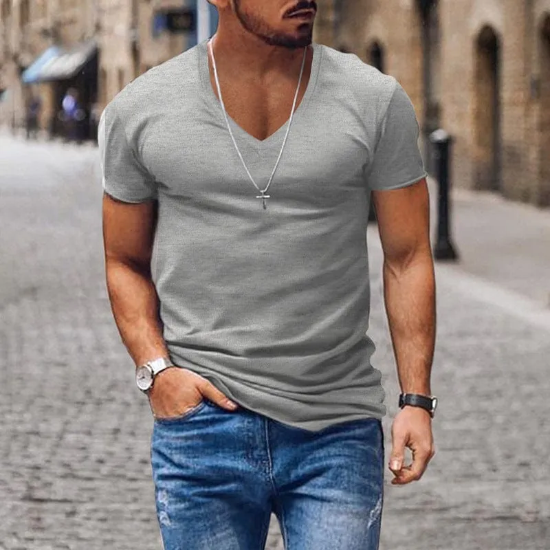 Men's V Neck Solid Color Casual Short Sleeved T Shirt