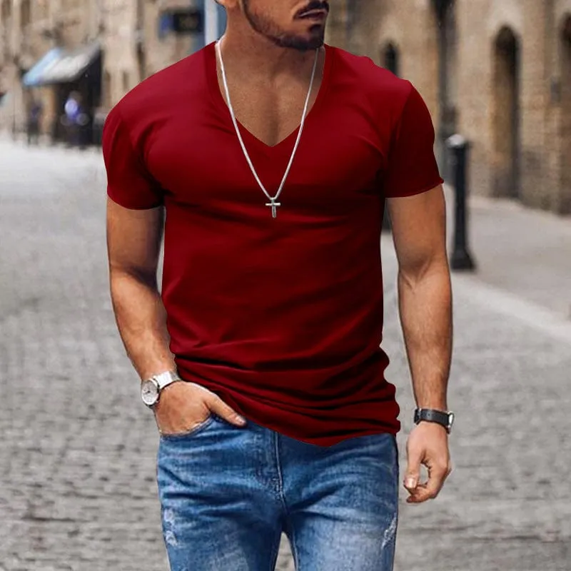 Men's V Neck Solid Color Casual Short Sleeved T Shirt