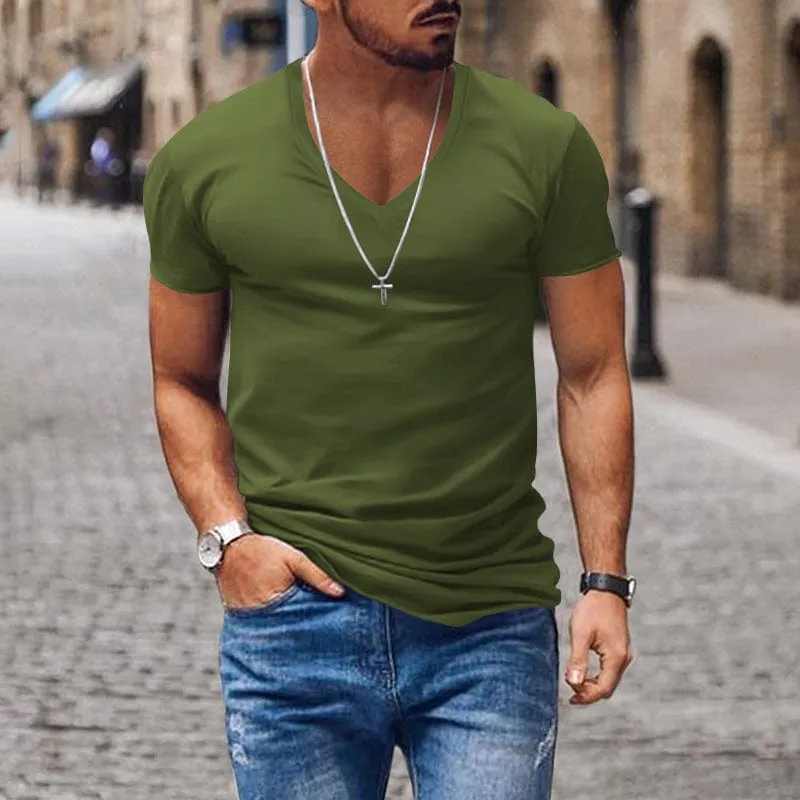 Men's V Neck Solid Color Casual Short Sleeved T Shirt