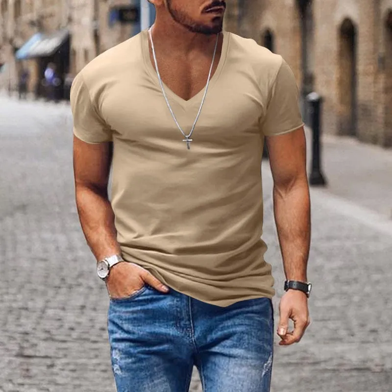 Men's V Neck Solid Color Casual Short Sleeved T Shirt