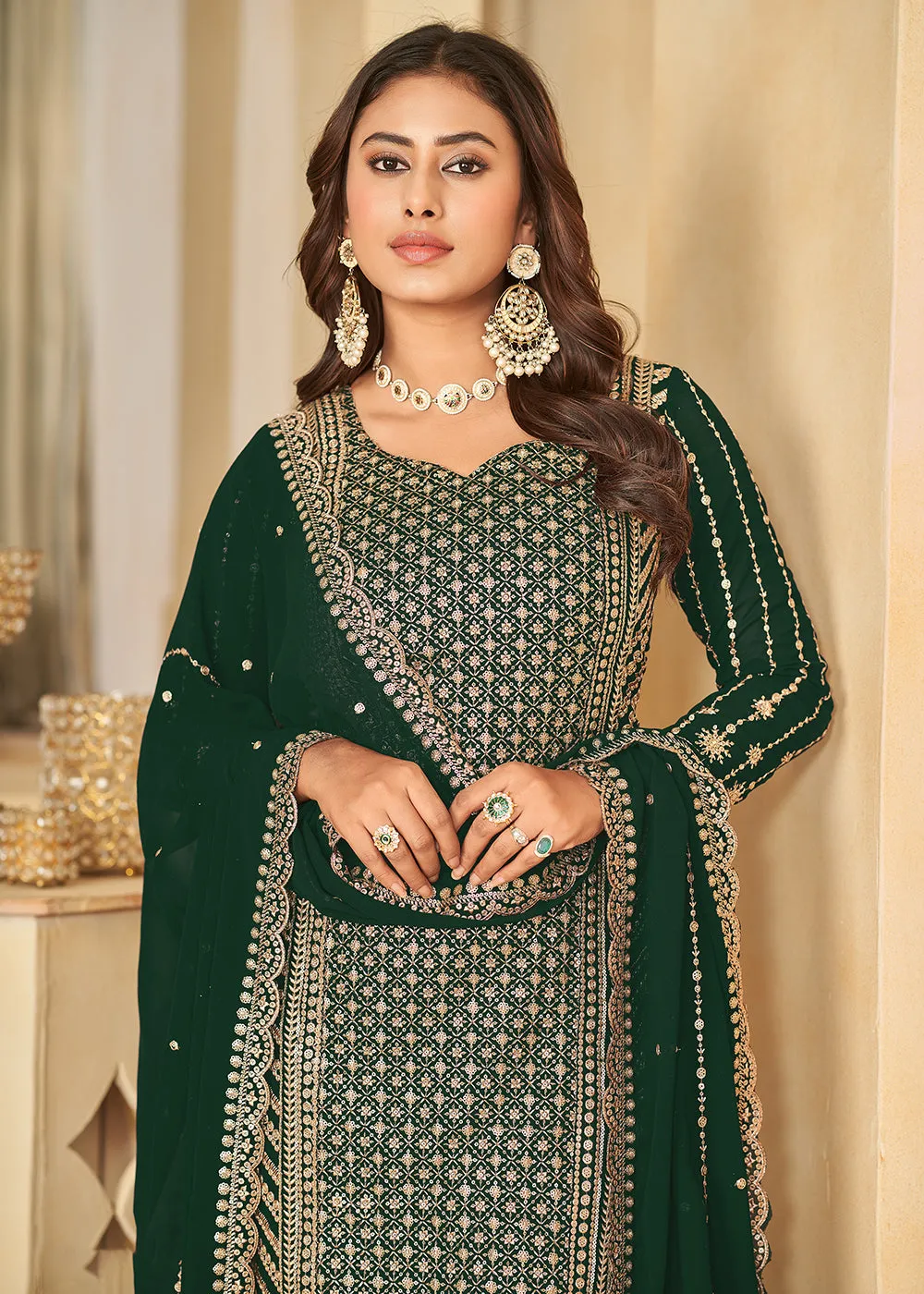 Mesmeric Green Faux Georgette Palazzo Suit with Embroidery