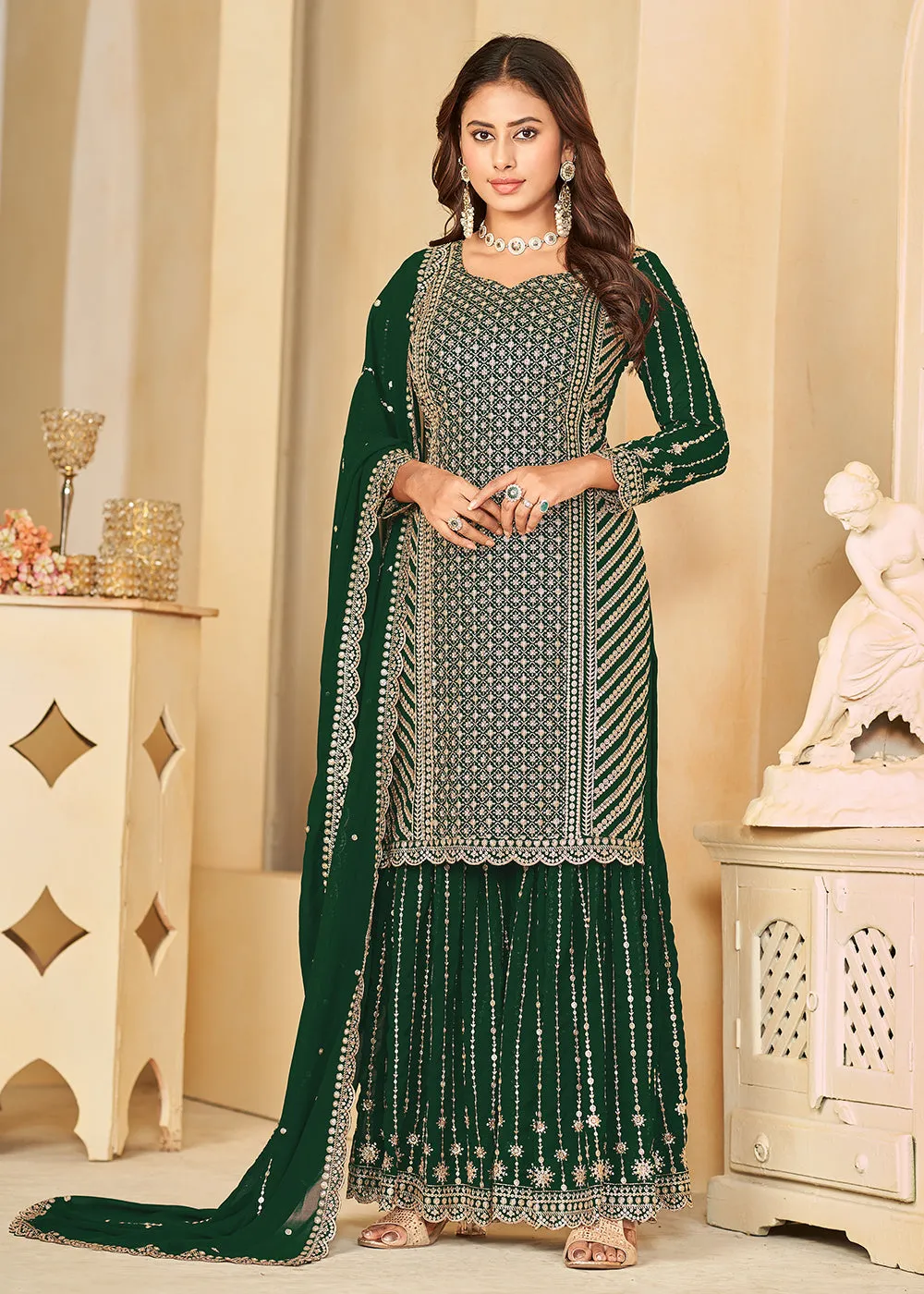 Mesmeric Green Faux Georgette Palazzo Suit with Embroidery