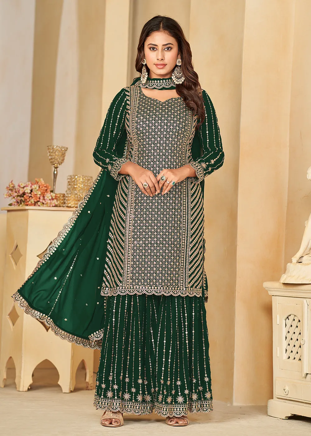 Mesmeric Green Faux Georgette Palazzo Suit with Embroidery