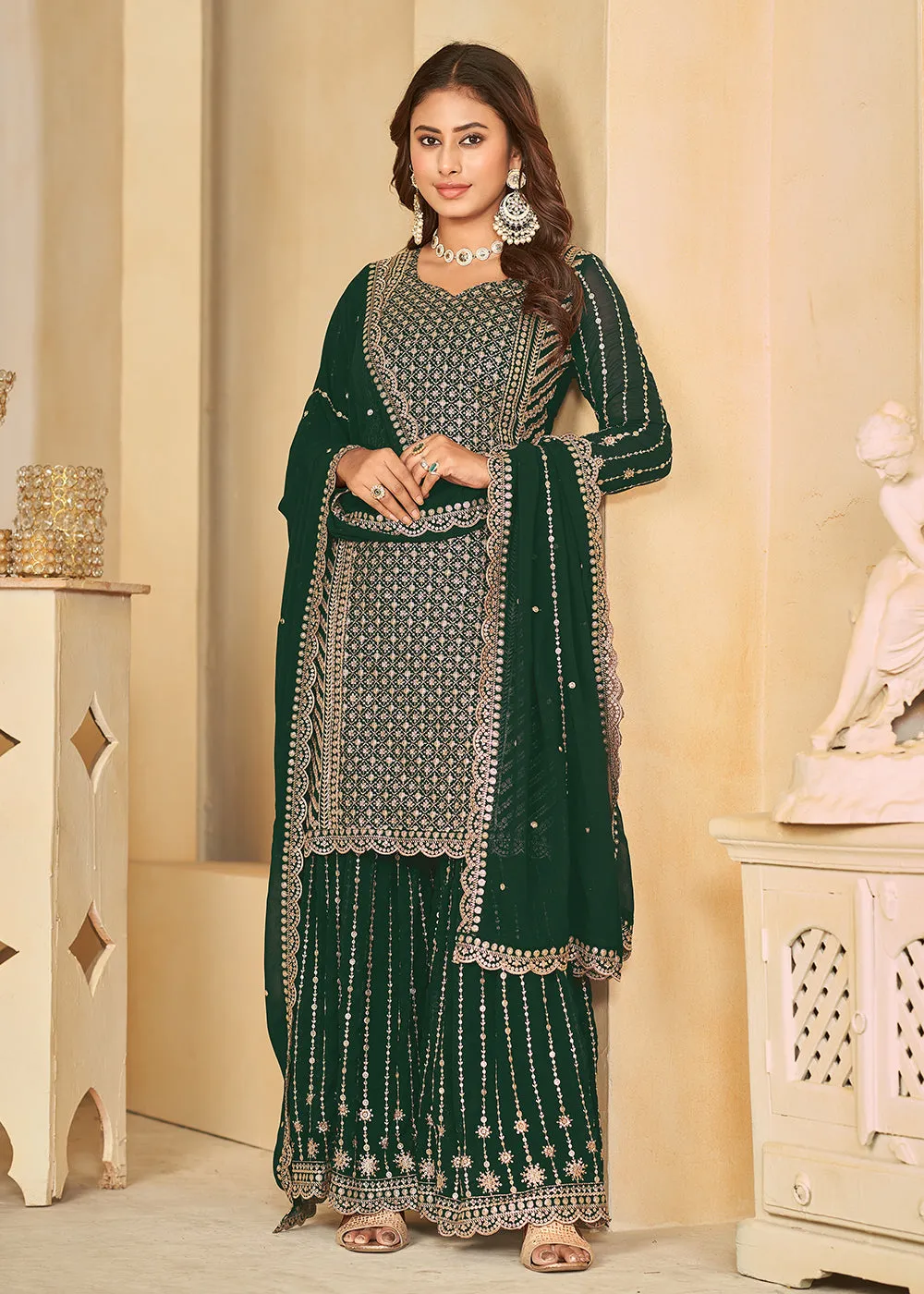 Mesmeric Green Faux Georgette Palazzo Suit with Embroidery