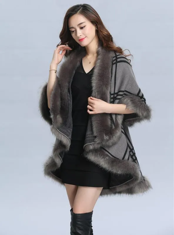 PLAID KNITTED SHAWL CAPE CARDIGAN FUR SHAWL