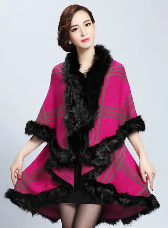 PLAID KNITTED SHAWL CAPE CARDIGAN FUR SHAWL