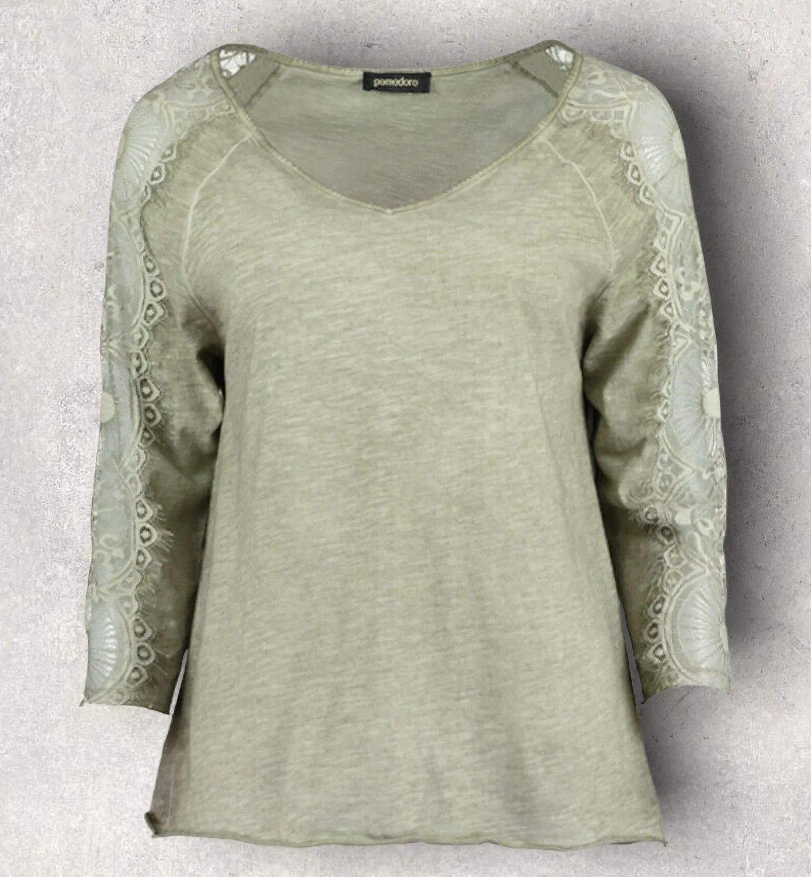 Pomodoro Khaki V-Neck Lace Top Size 3 Approx UK 14/16 US 10/12 EU 42/44  RRP £65.00