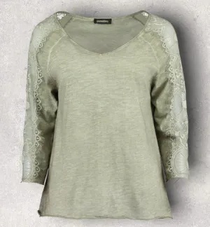 Pomodoro Khaki V-Neck Lace Top Size 3 Approx UK 14/16 US 10/12 EU 42/44  RRP £65.00