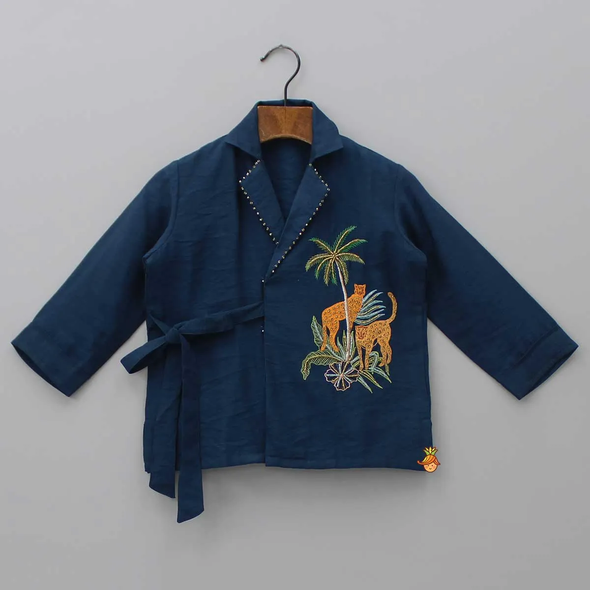 Pre Order: Animal Embroidered Front Overlap Shirt With Tie-Ups And Pant