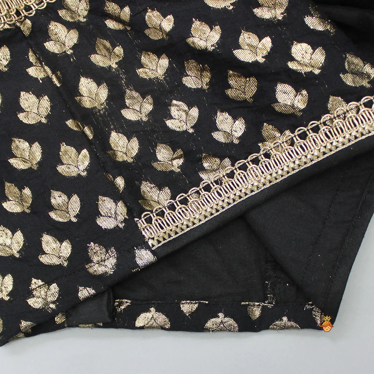 Pre Order: Elegant Black Embroidered One Shoulder Top With Ruffle Hem Lehenga And Gota Lace Detail Dupatta