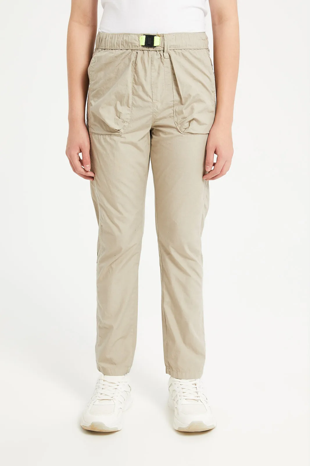 Senior Boys Beige Poplin Joggers With All Around Adjuster