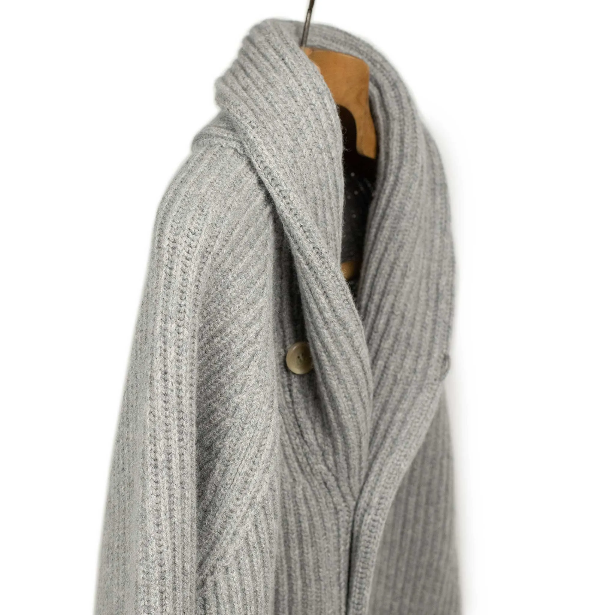 Shawl collar 4-ply cardigan jacket in Flannel grey supergeelong lambswool