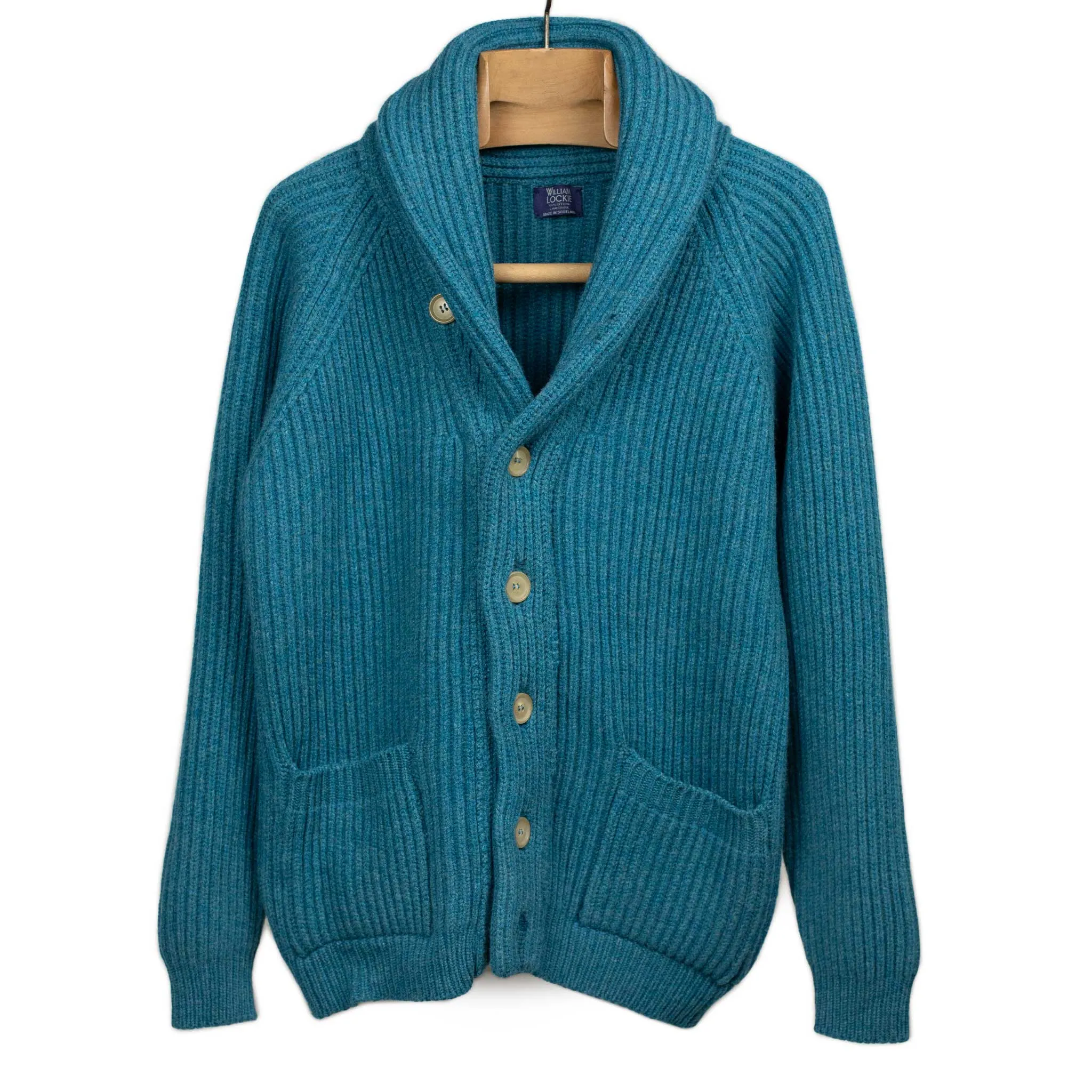 Shawl collar 4-ply cardigan jacket in Mallard blue supergeelong lambswool