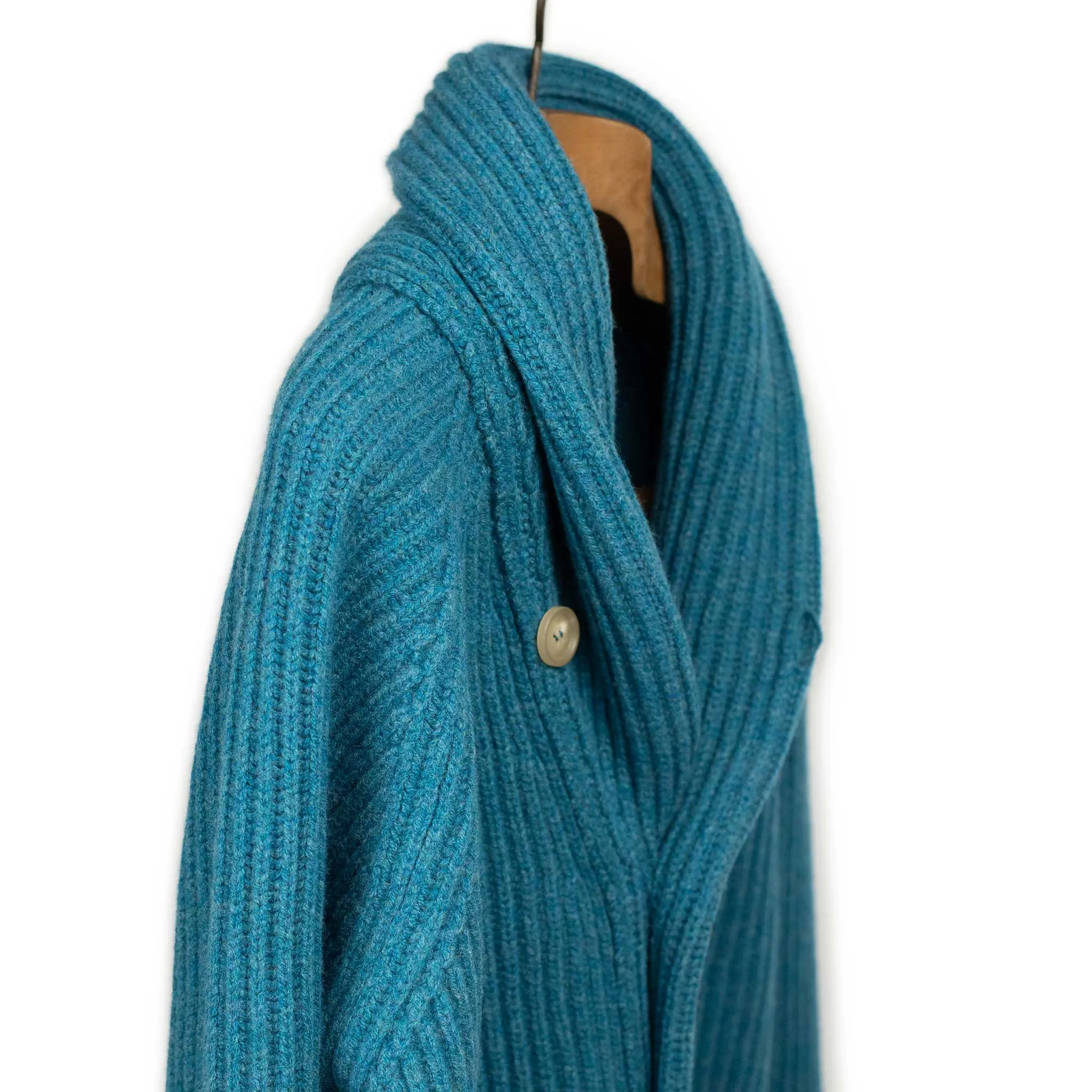 Shawl collar 4-ply cardigan jacket in Mallard blue supergeelong lambswool