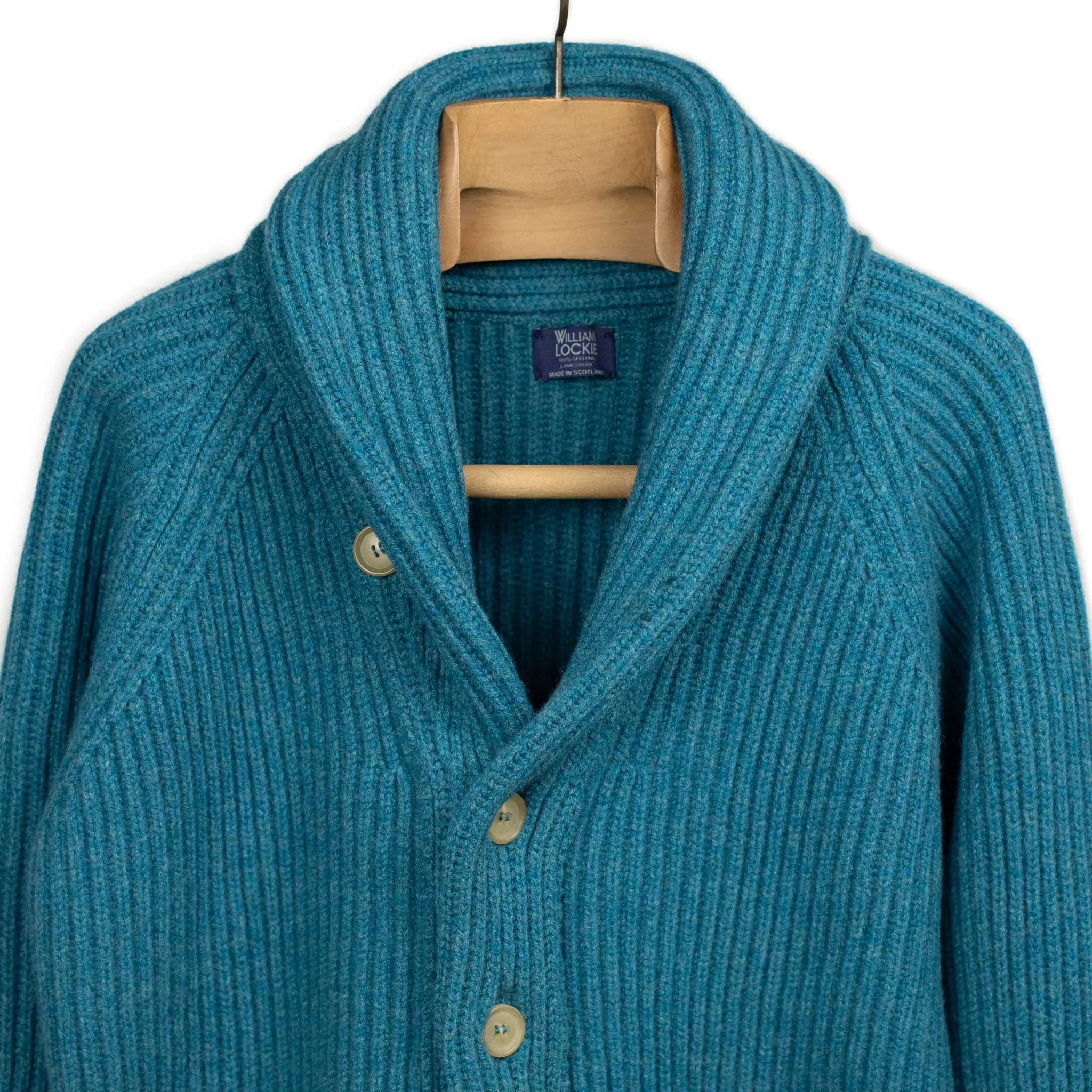 Shawl collar 4-ply cardigan jacket in Mallard blue supergeelong lambswool