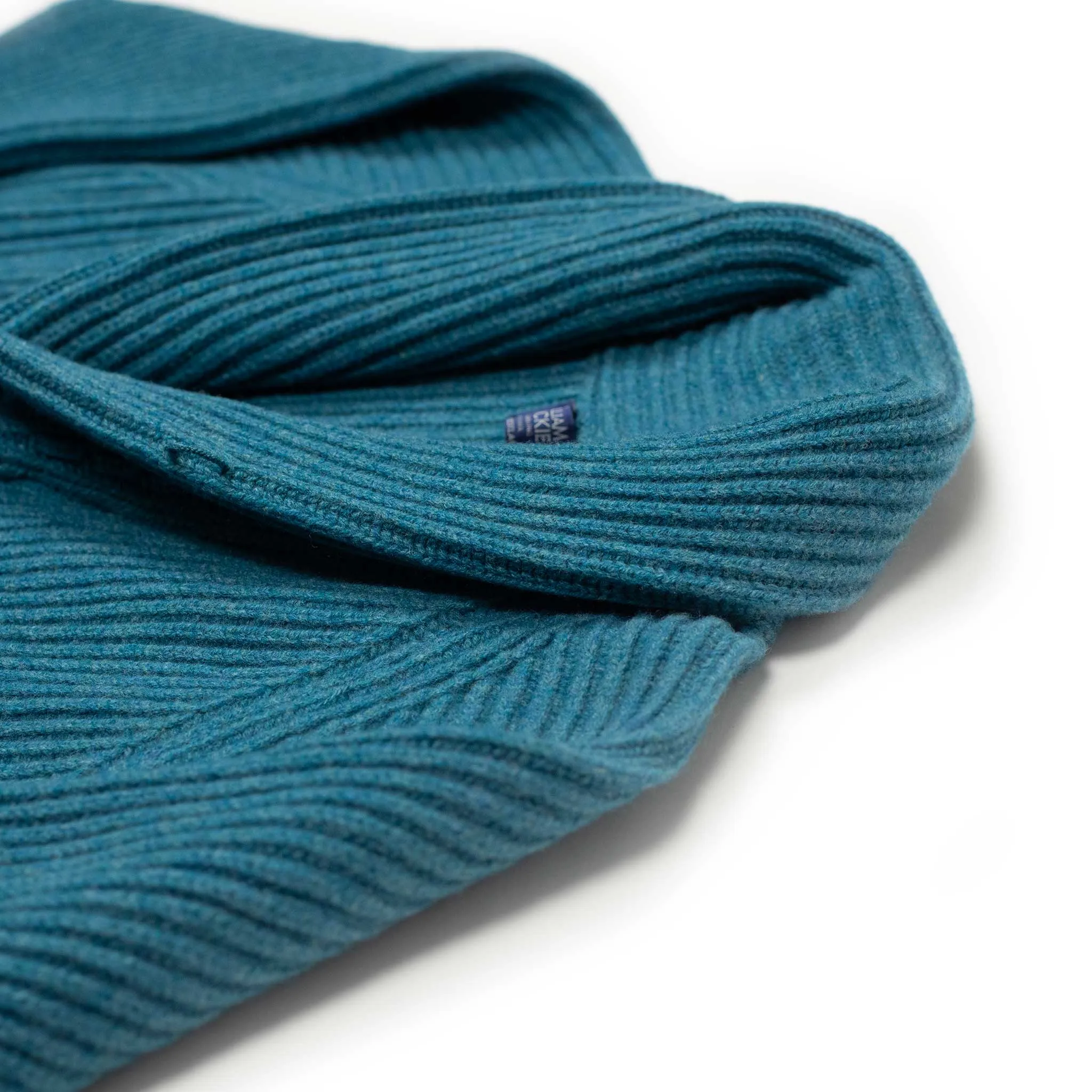 Shawl collar 4-ply cardigan jacket in Mallard blue supergeelong lambswool