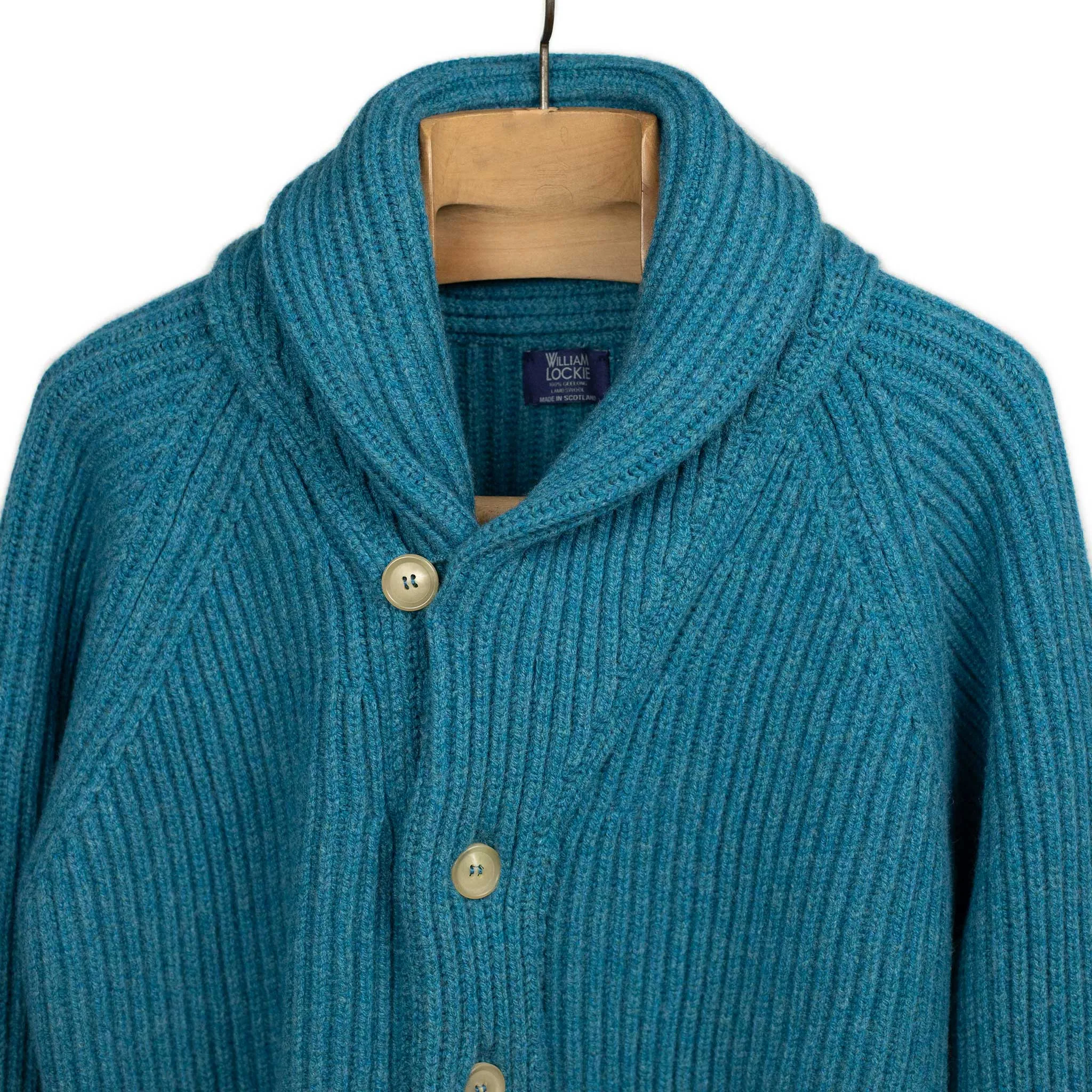 Shawl collar 4-ply cardigan jacket in Mallard blue supergeelong lambswool