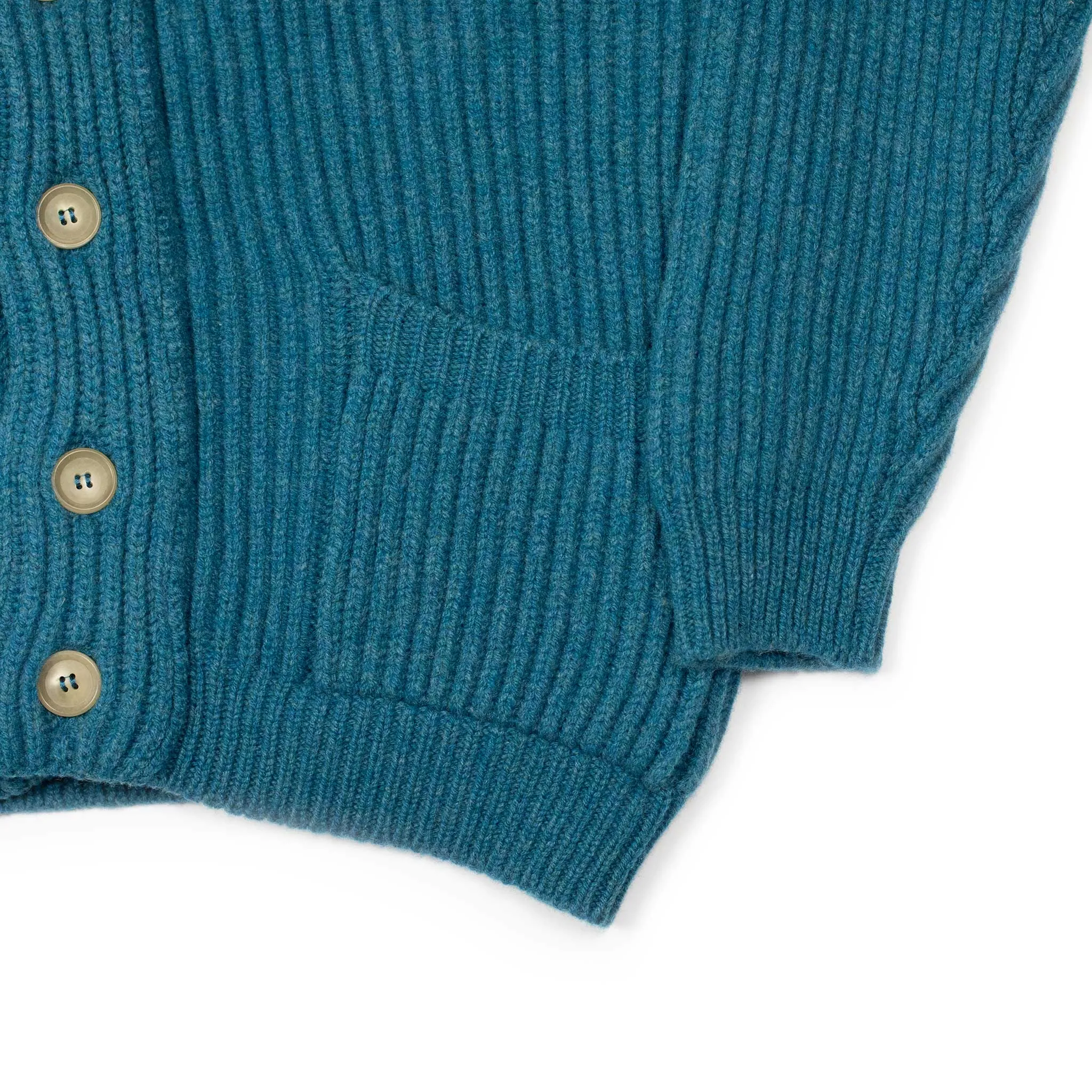 Shawl collar 4-ply cardigan jacket in Mallard blue supergeelong lambswool