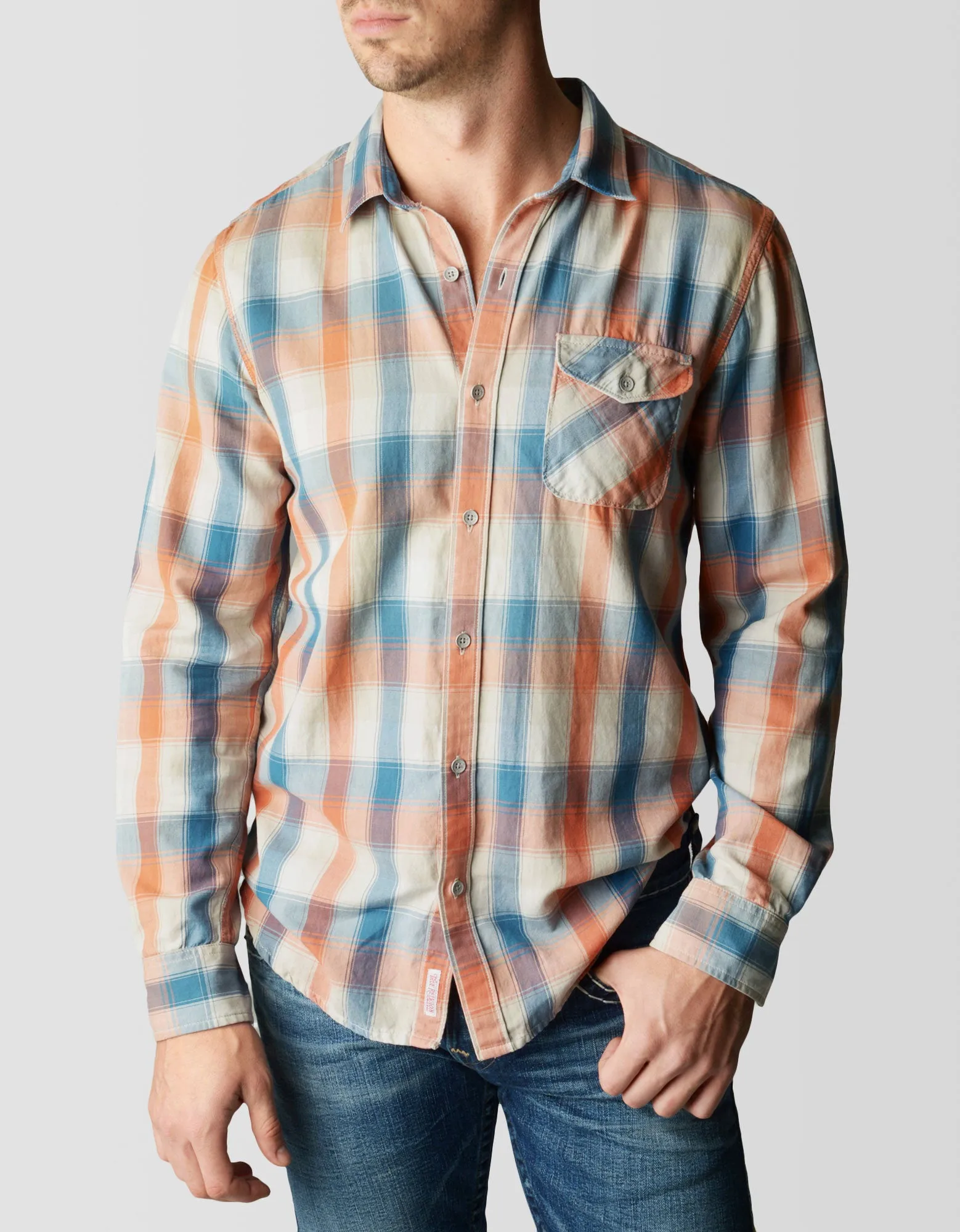 SINGLE POCKET PLAID TWILL MENS SHIRT