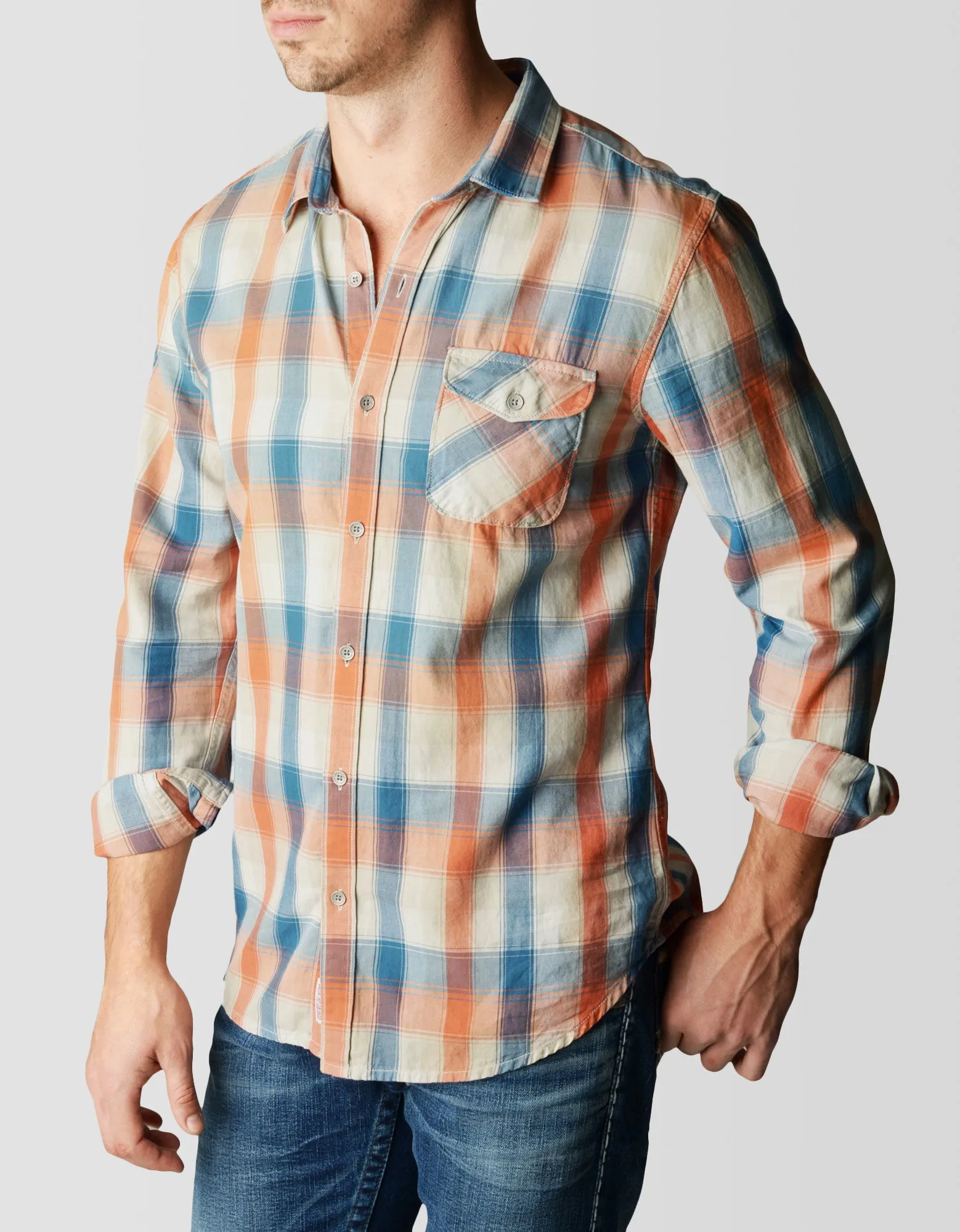 SINGLE POCKET PLAID TWILL MENS SHIRT