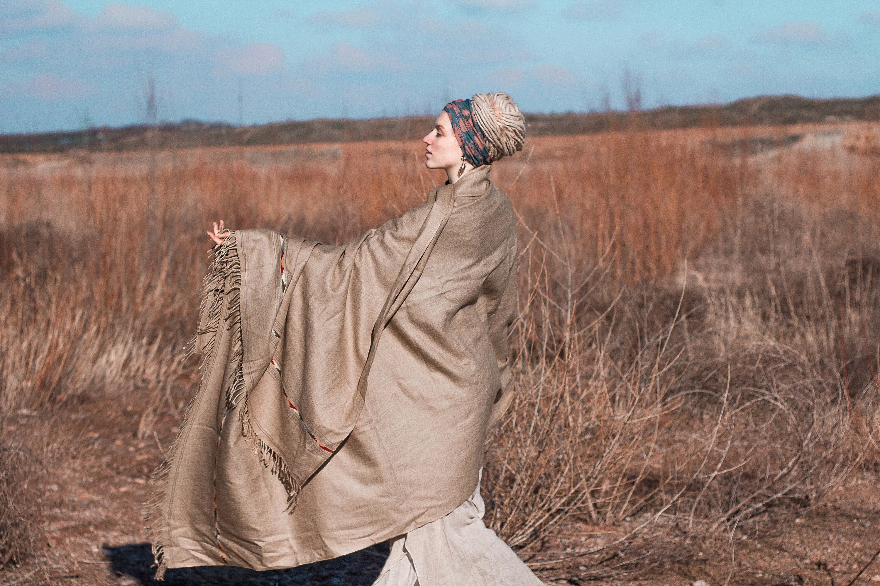 TATHAGATHA Light Green Oversized Meditation Shawl Handwoven Pure Cashmere Wool Embroidered Blanket Handmade Winter Zen Wrap Himalayan AJJAYA