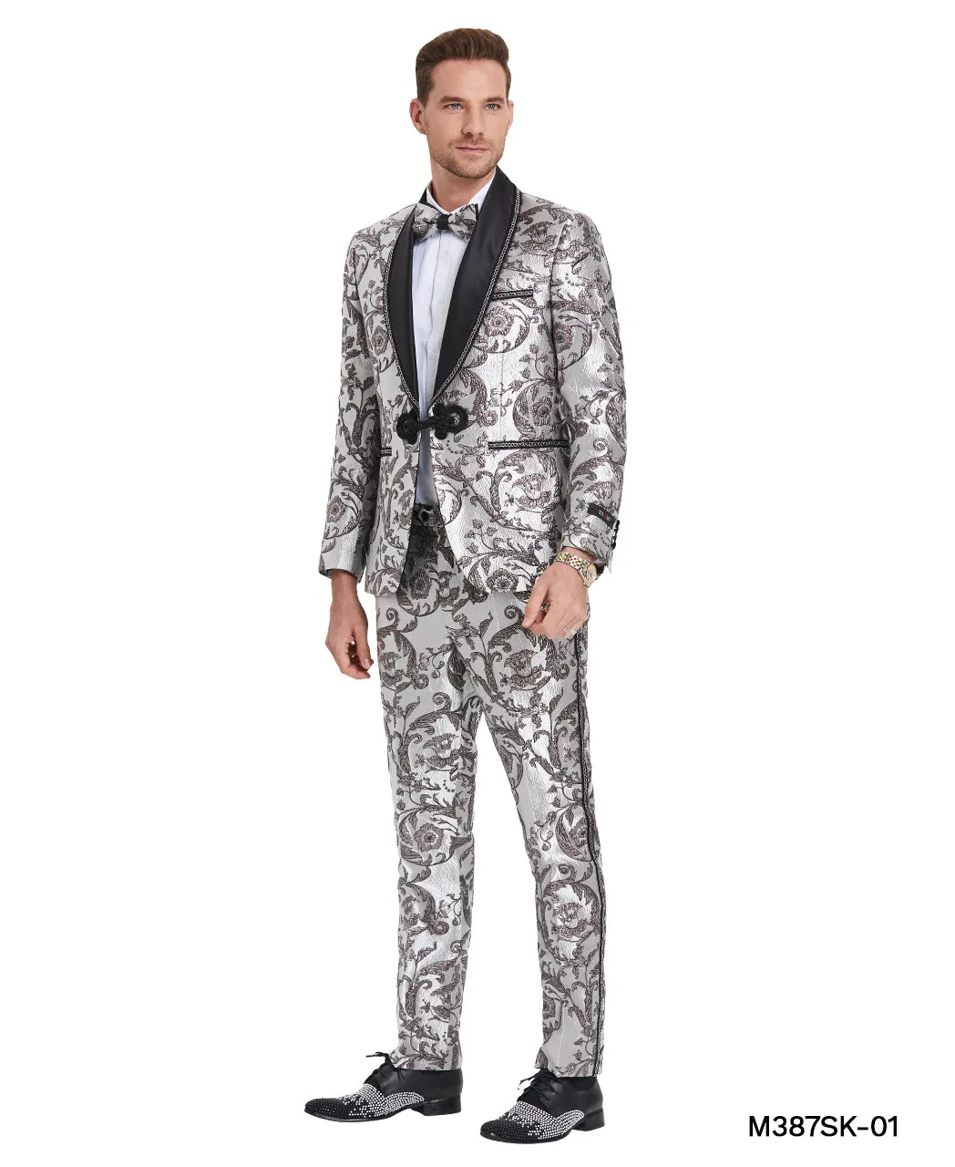 Tazio Skinny Fit Silver Embossed floral 3 pc Suit