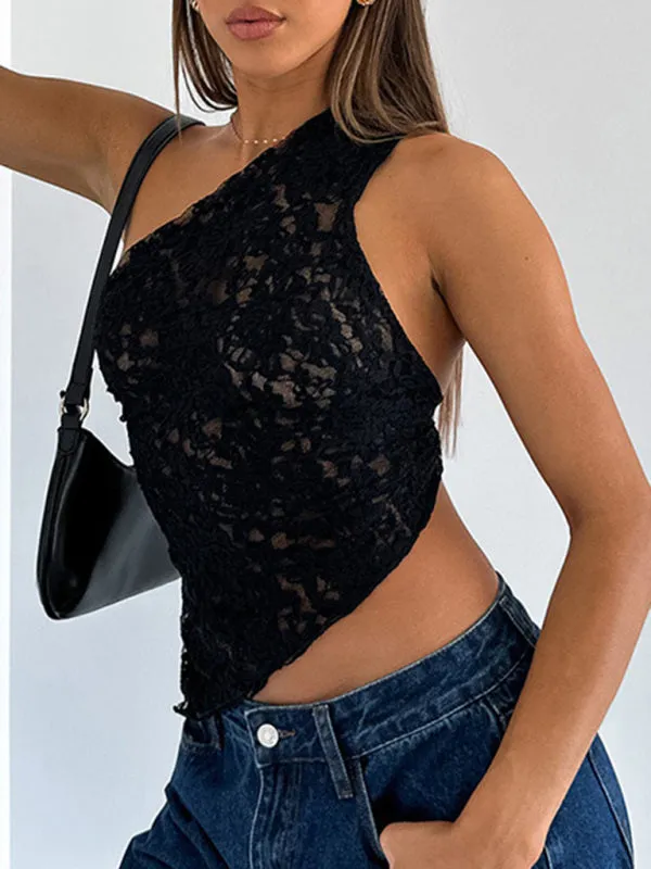 TEEK - Black Lace Slope Neck Backless Tie Up Top