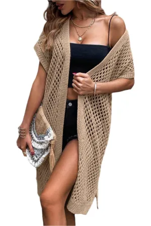 TEEK - Khaki Loose Knit Open Front Short Sleeve Cardigan