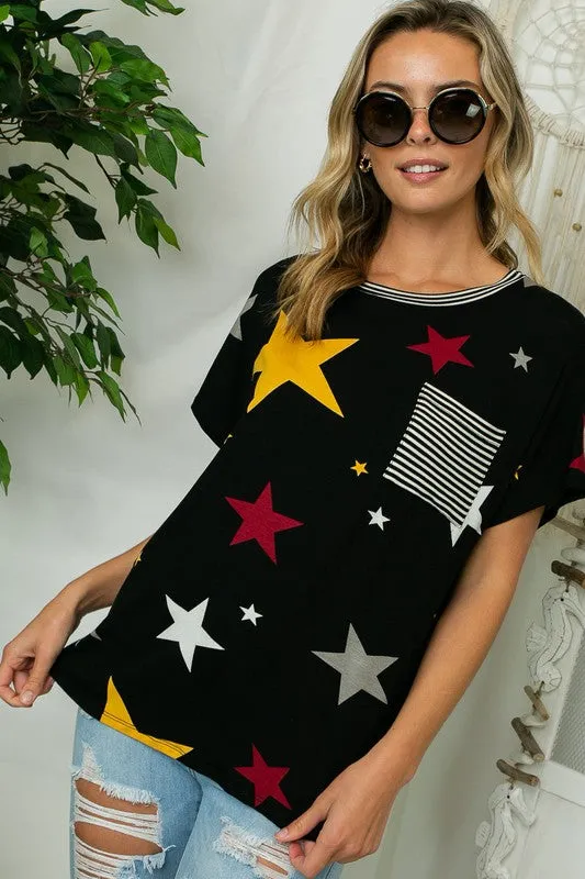 TEEK - PLUS SIZE STAR STRIPE JERSEY POCKET TOP