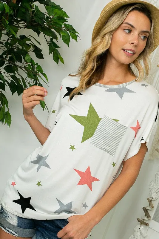 TEEK - PLUS SIZE STAR STRIPE JERSEY POCKET TOP