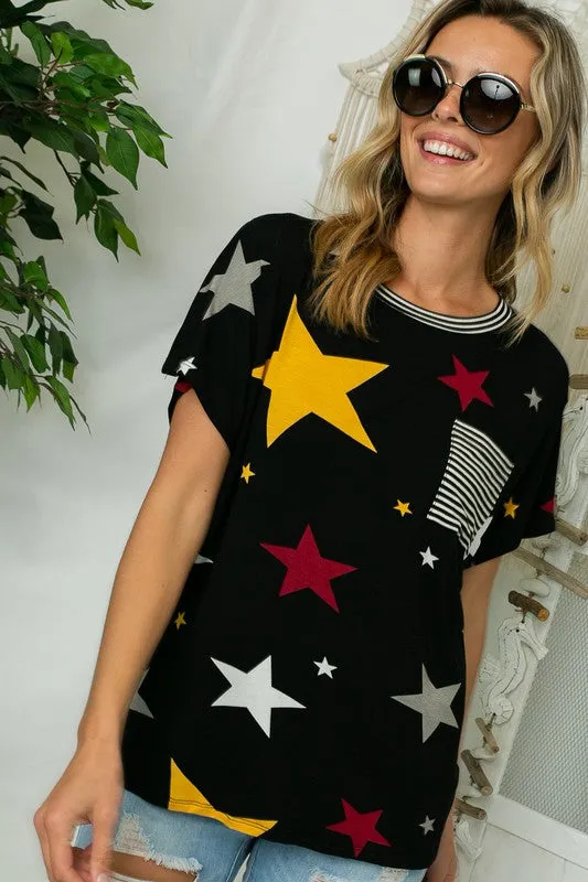 TEEK - PLUS SIZE STAR STRIPE JERSEY POCKET TOP